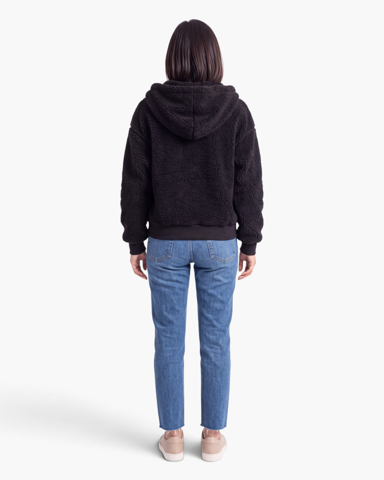 Beach Rose Co. black teddy fleece zip-up hooded jacket with ribbed cuffs and hem, viewed from the back.