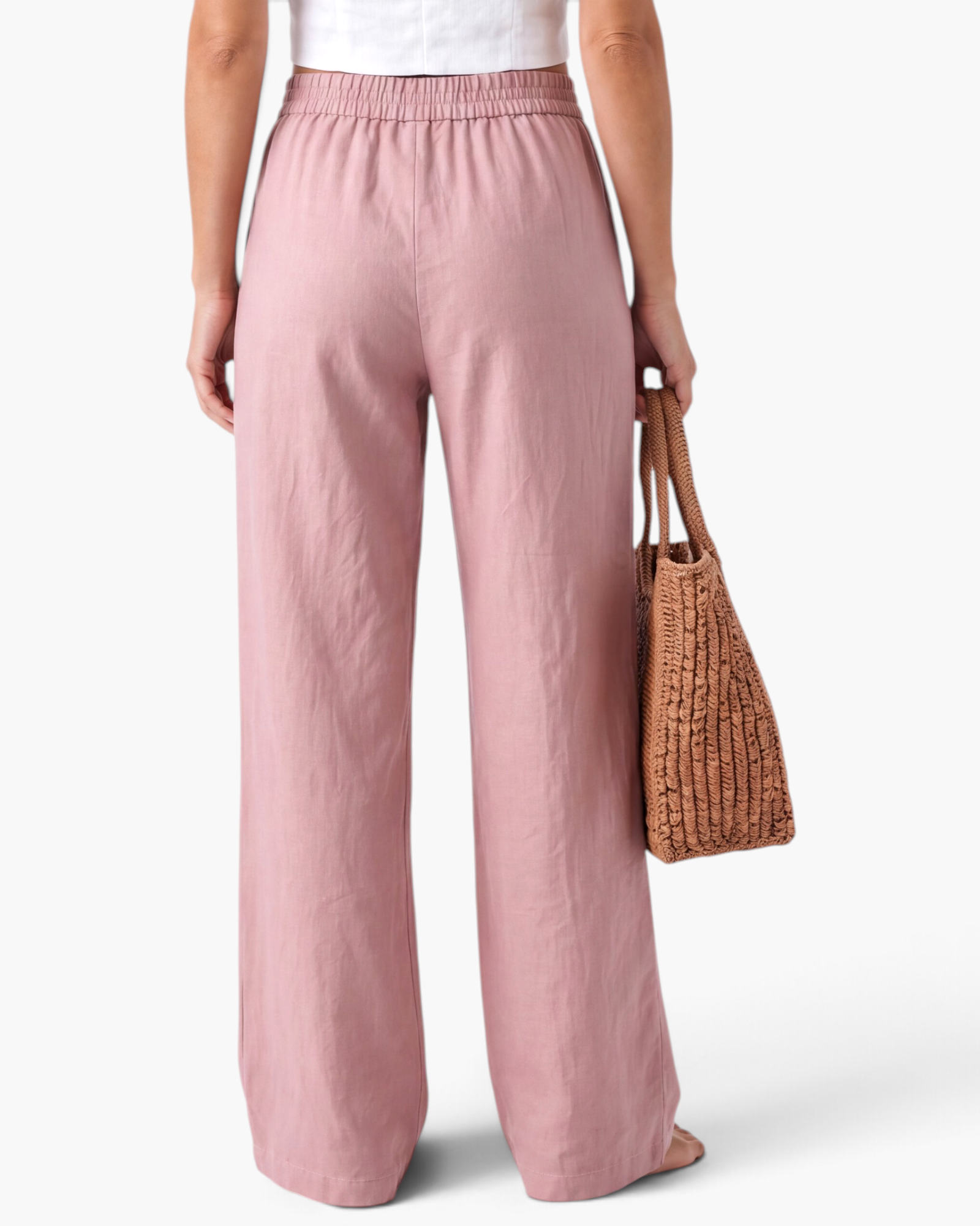 Beach Rose Co. pink wide-leg cotton blend pants with an elastic back waistband, viewed from the back.