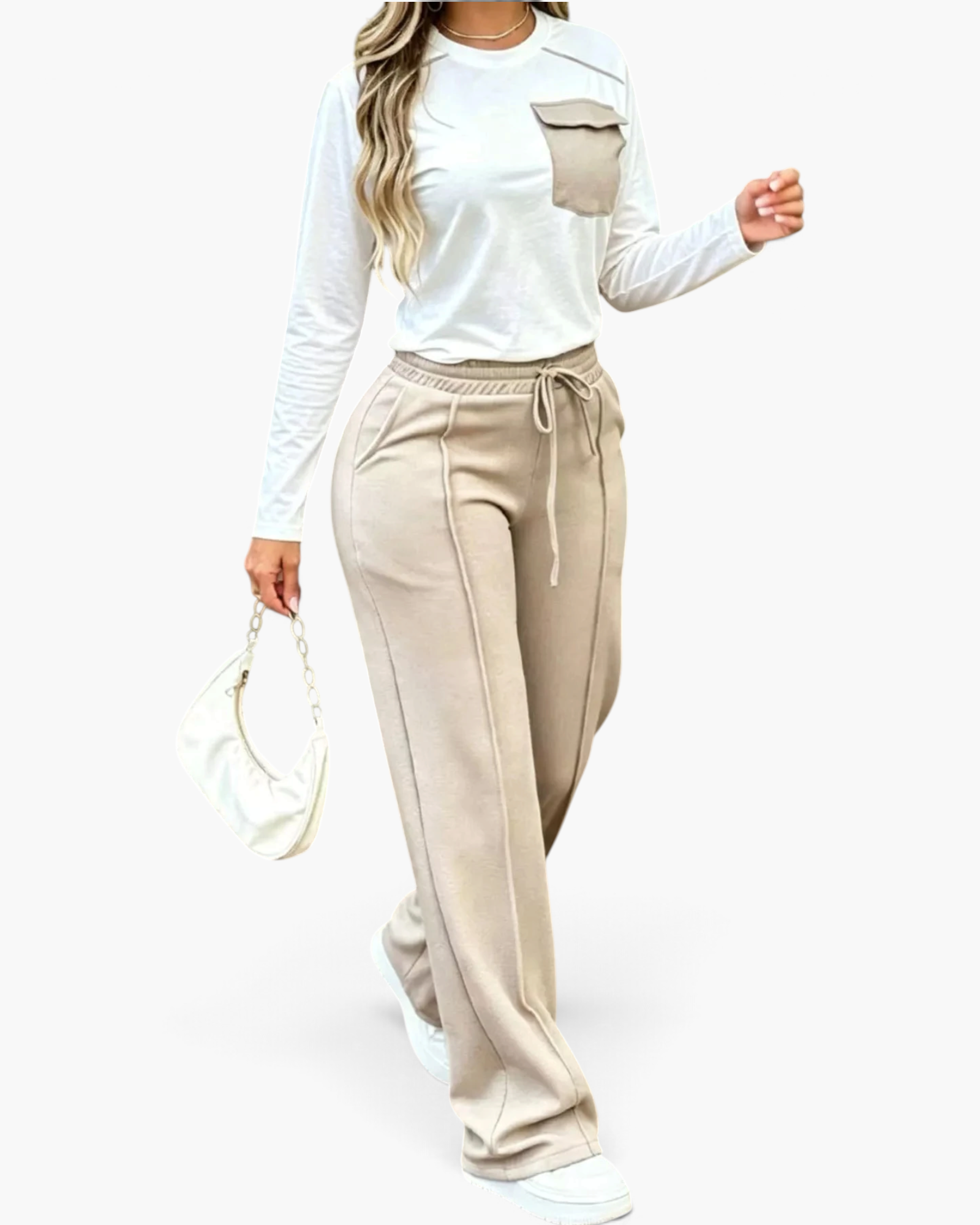Beach Rose Co. ivory and beige ribbed two-piece set with a contrast chest pocket and wide-leg drawstring pants.