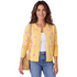 Beach Rose Co. yellow knit cardigan with pink polka dots, round neckline, and button front worn with jeans.