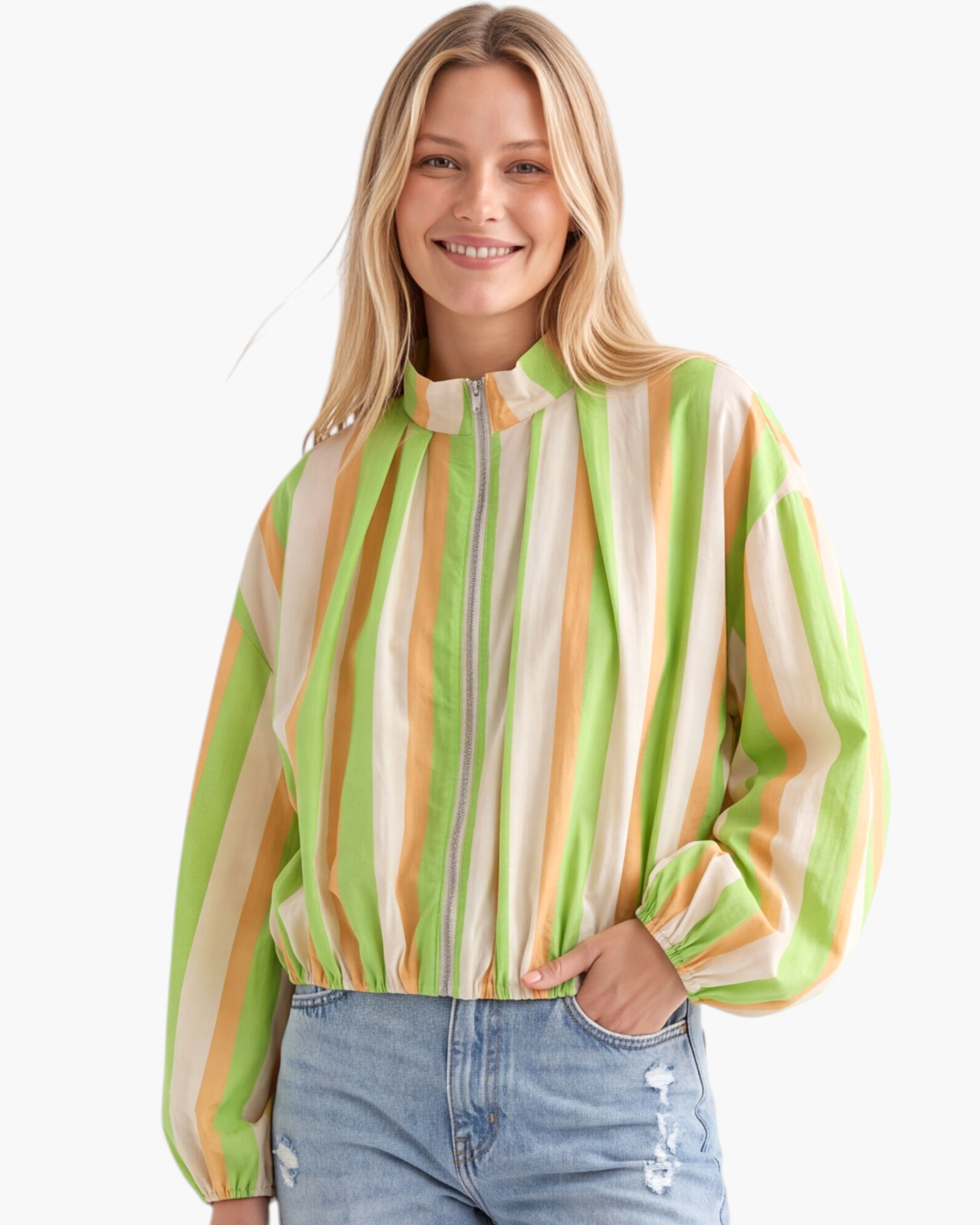 Beach Rose Co. striped zip-up jacket with balloon sleeves, stand collar, and elasticized hem in green and orange.