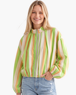 Beach Rose Co. striped zip-up jacket with balloon sleeves, stand collar, and elasticized hem in green and orange.