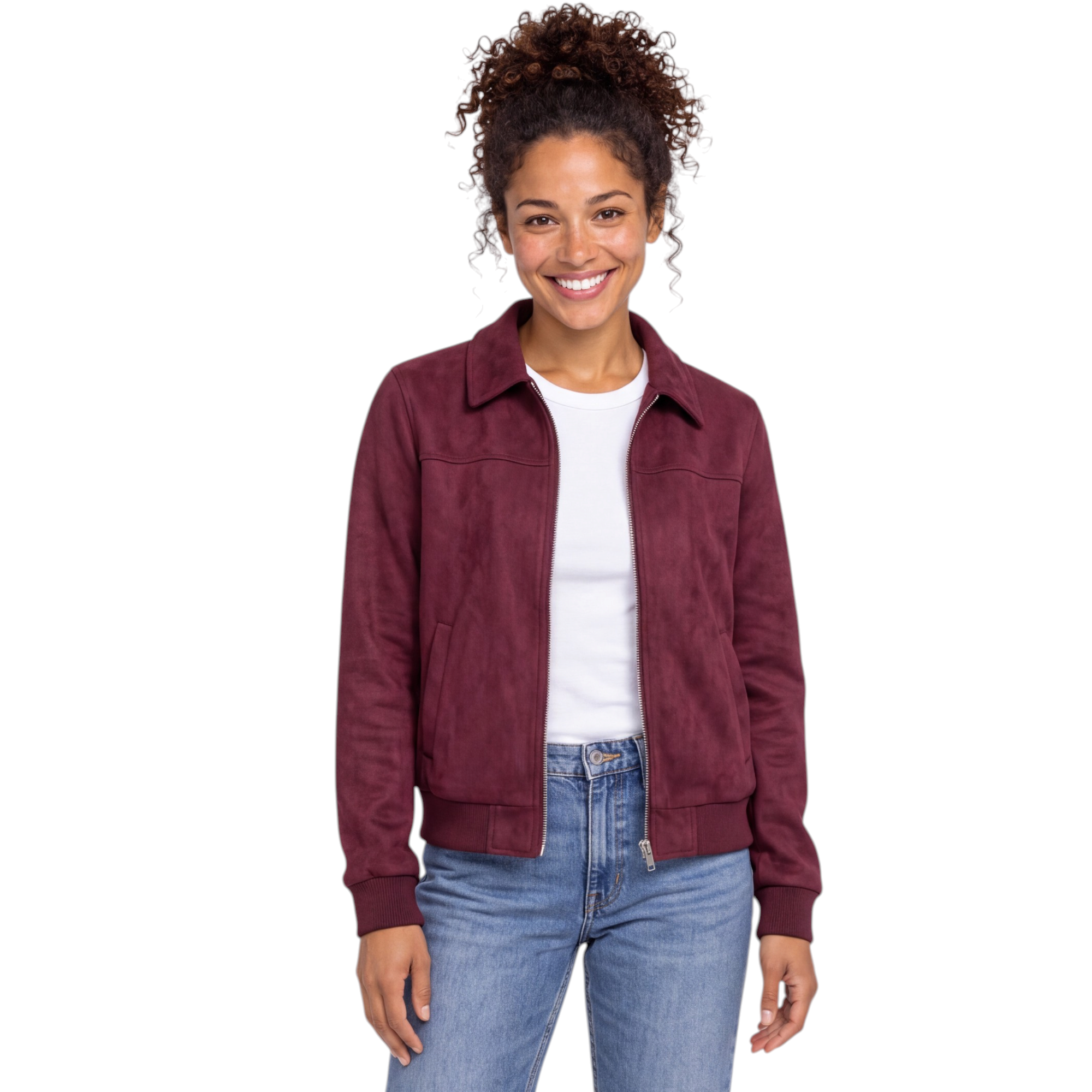 Beach Rose Co. burgundy zip-up jacket with a metal placket collar and ribbed cuffs worn over a white t-shirt.