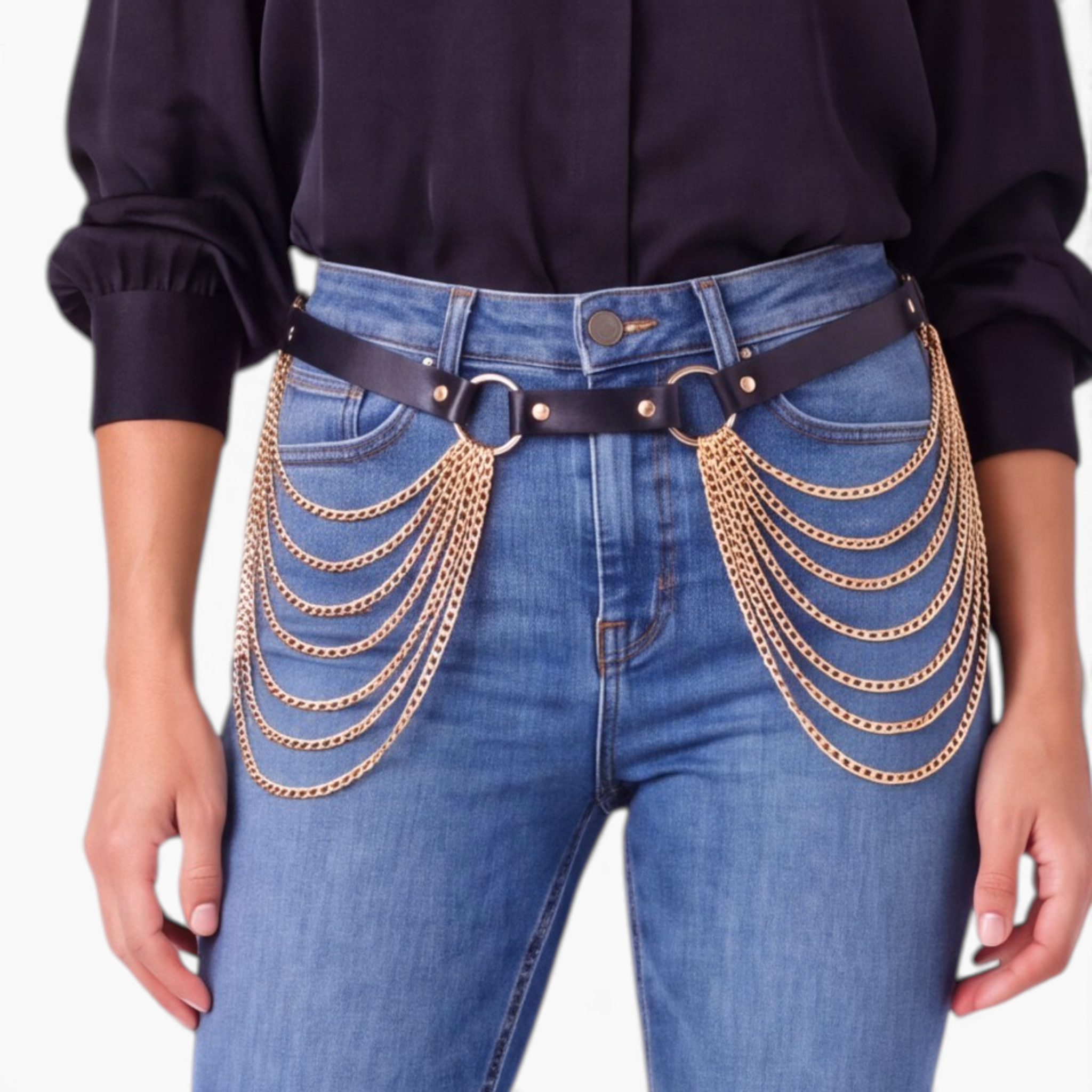 Beach Rose Co. black PU waist belt featuring cascading gold-tone layered chains and ring accents worn over blue jeans.