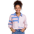 Beach Rose Co. pink and blue mixed print cotton blend top with a collared neckline and partial button placket.