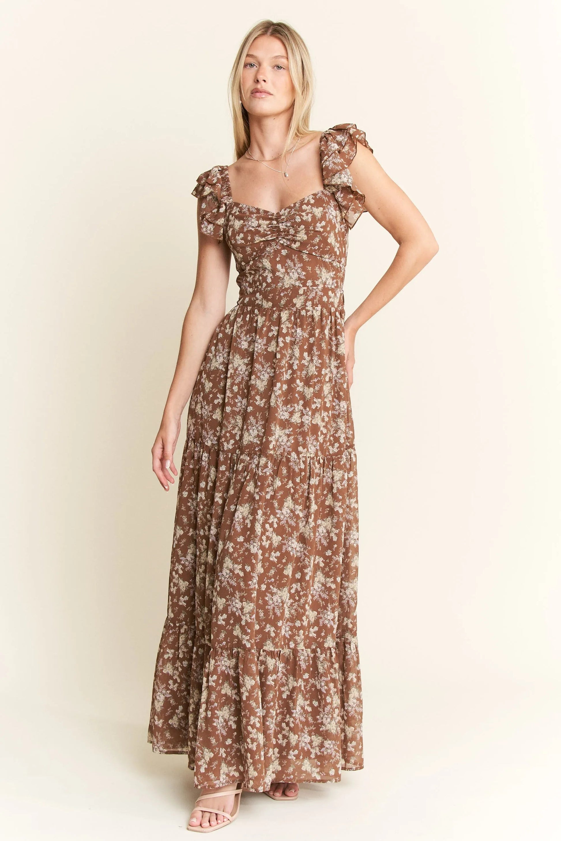 Jade By Jane - Brown Floral Ruffle Strap Maxi Dress