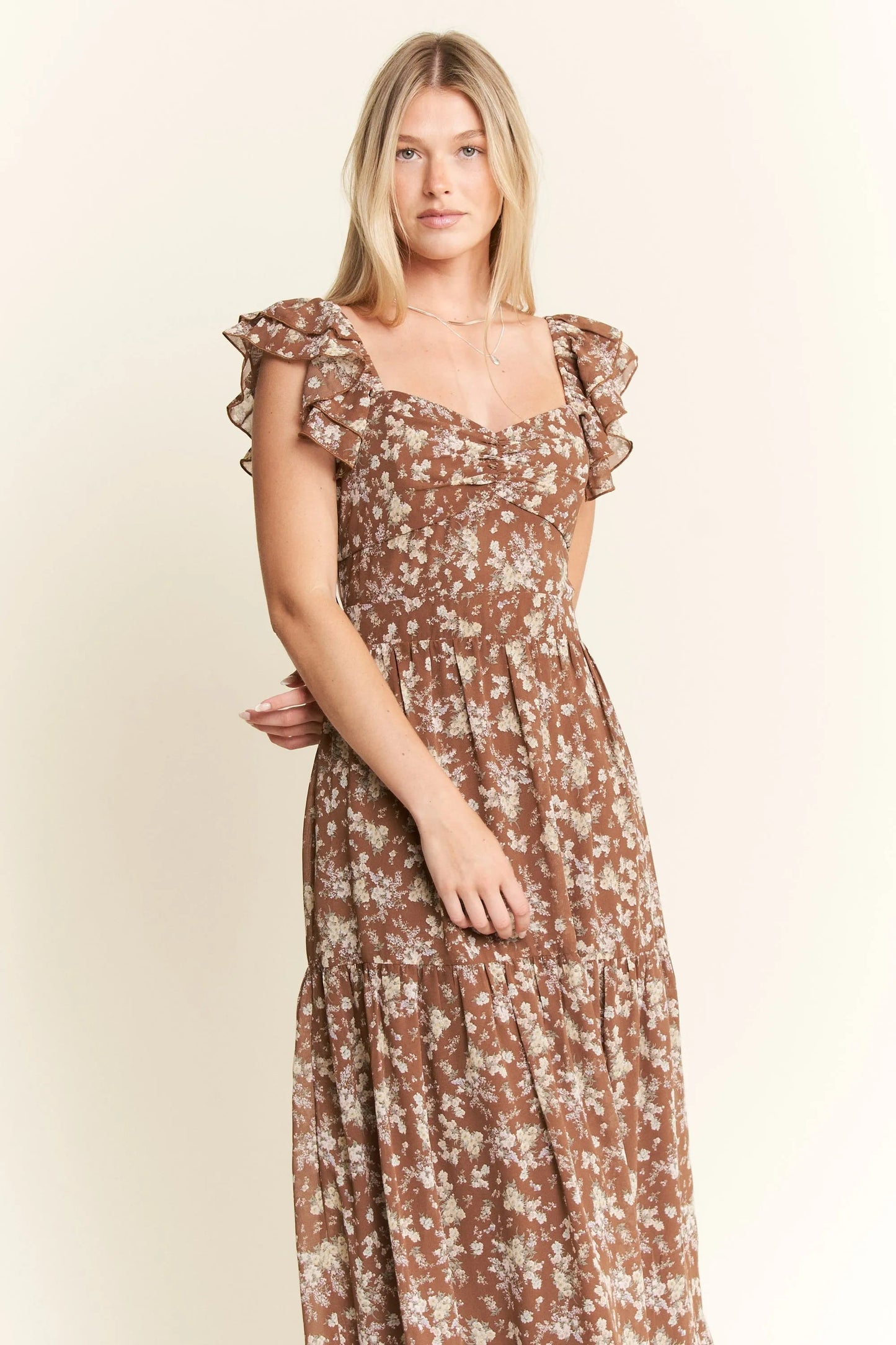 Jade By Jane - Brown Floral Ruffle Strap Maxi Dress