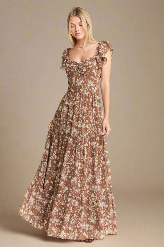 Jade By Jane - Brown Floral Ruffle Strap Maxi Dress