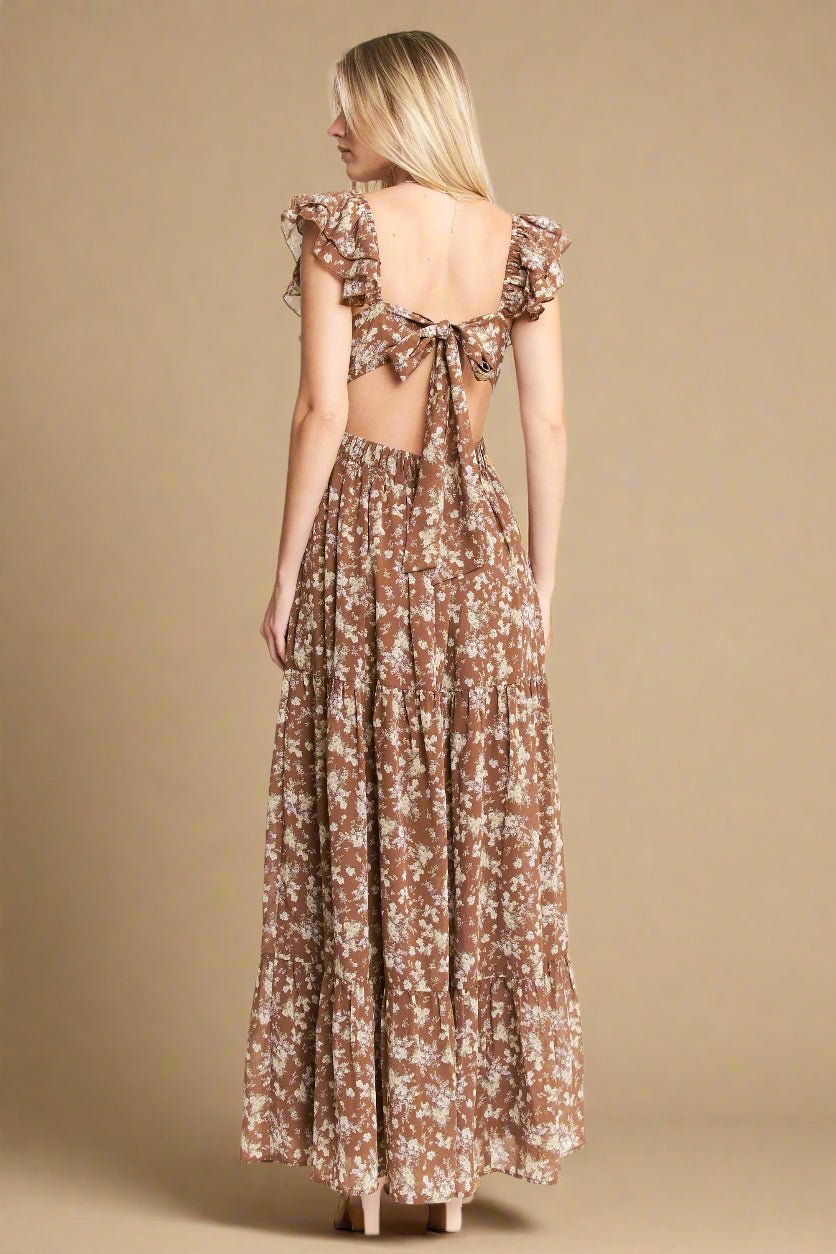 Jade By Jane - Brown Floral Ruffle Strap Maxi Dress