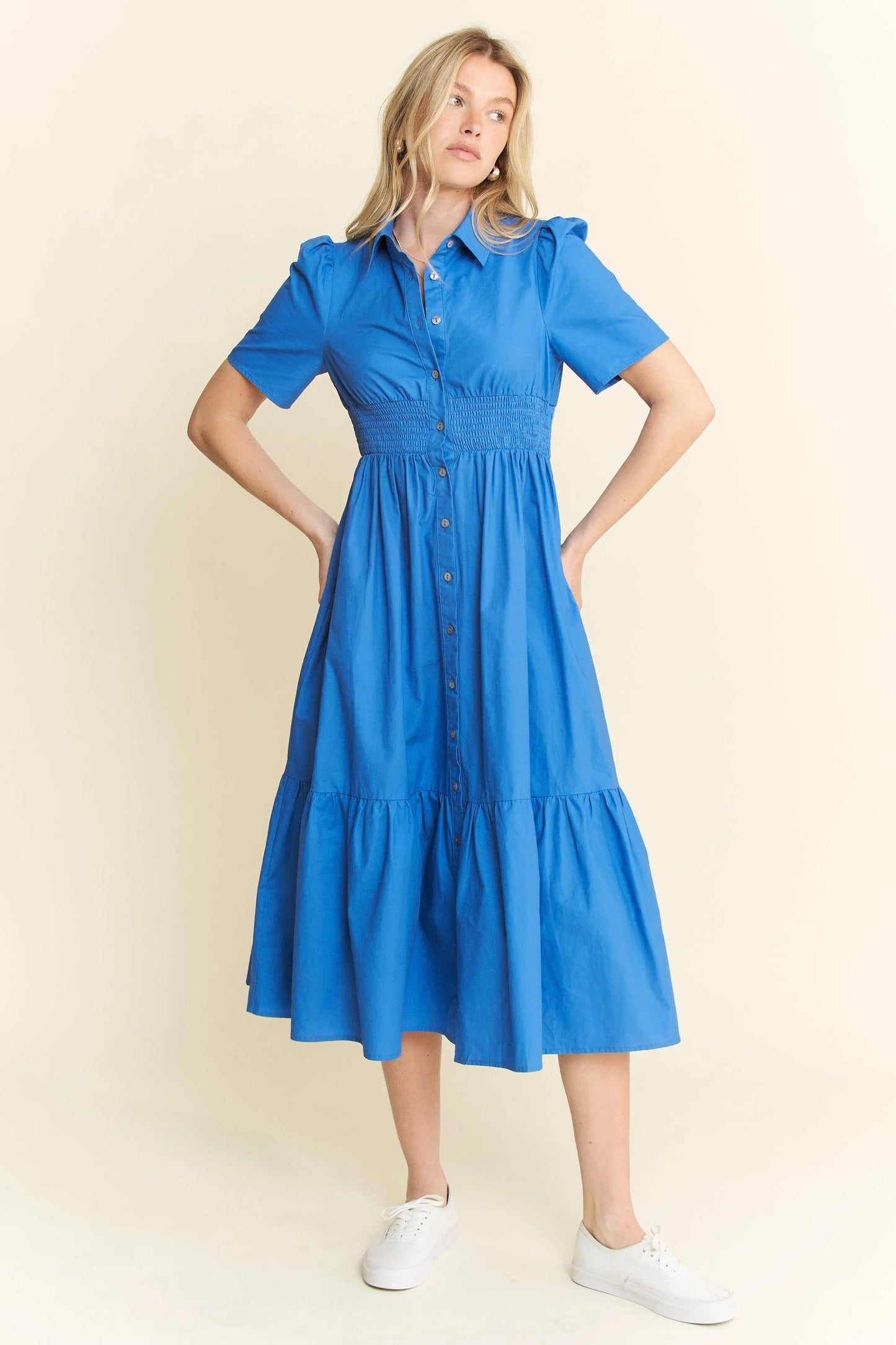 Jade By Jane - Cobalt Blue Smocked Waist Button Down Midi Dress