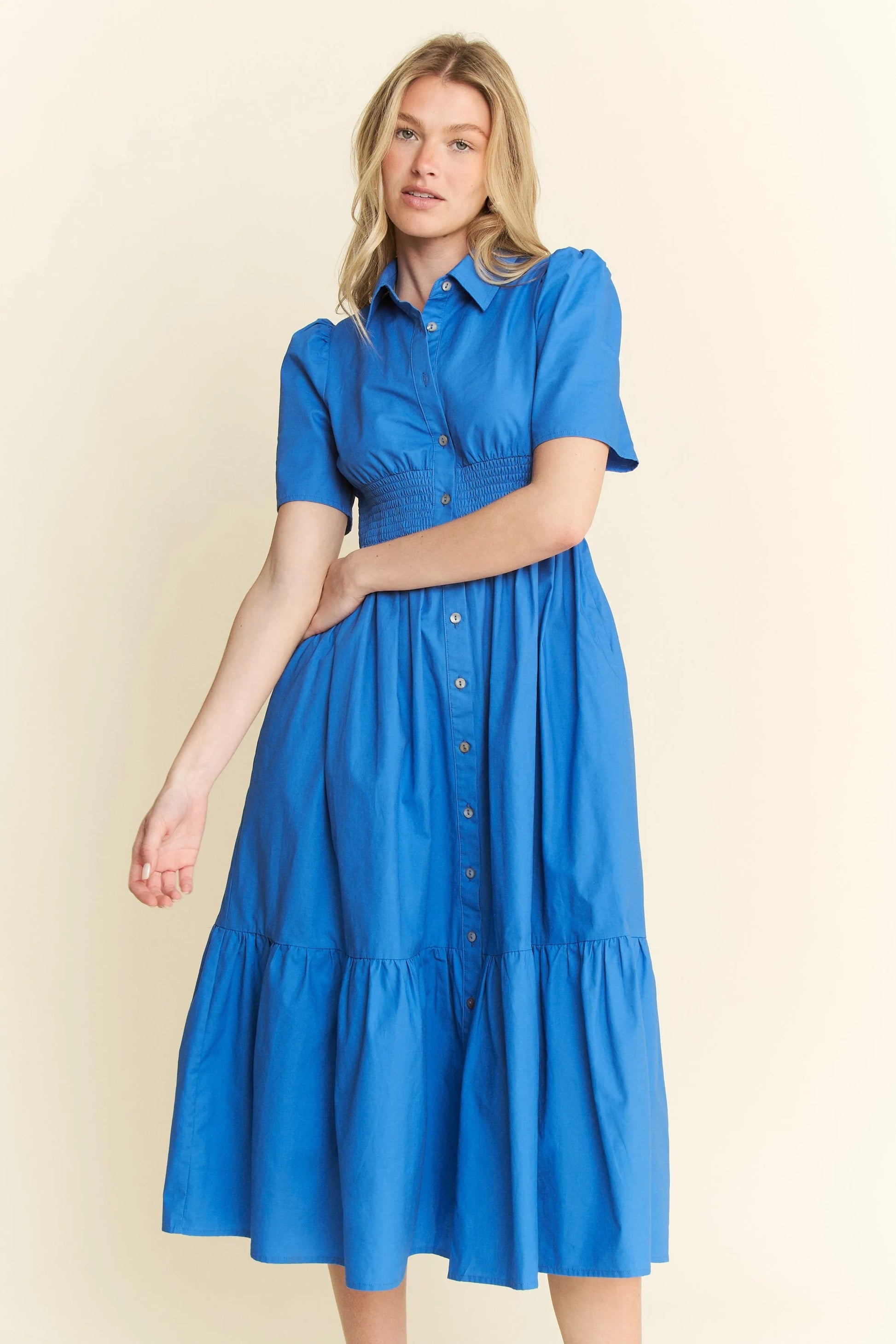 Jade By Jane - Cobalt Blue Smocked Waist Button Down Midi Dress