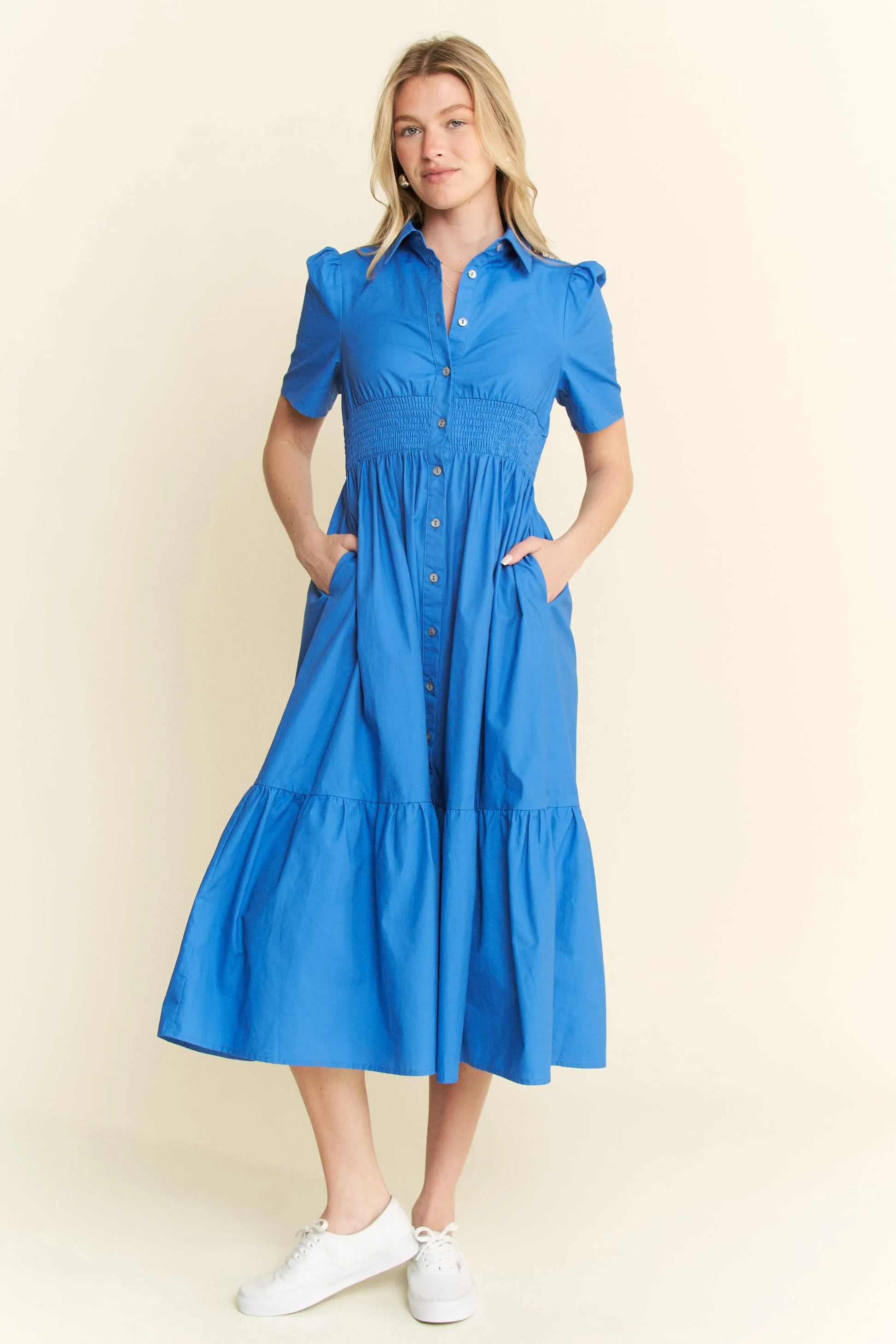 Jade By Jane - Cobalt Blue Smocked Waist Button Down Midi Dress