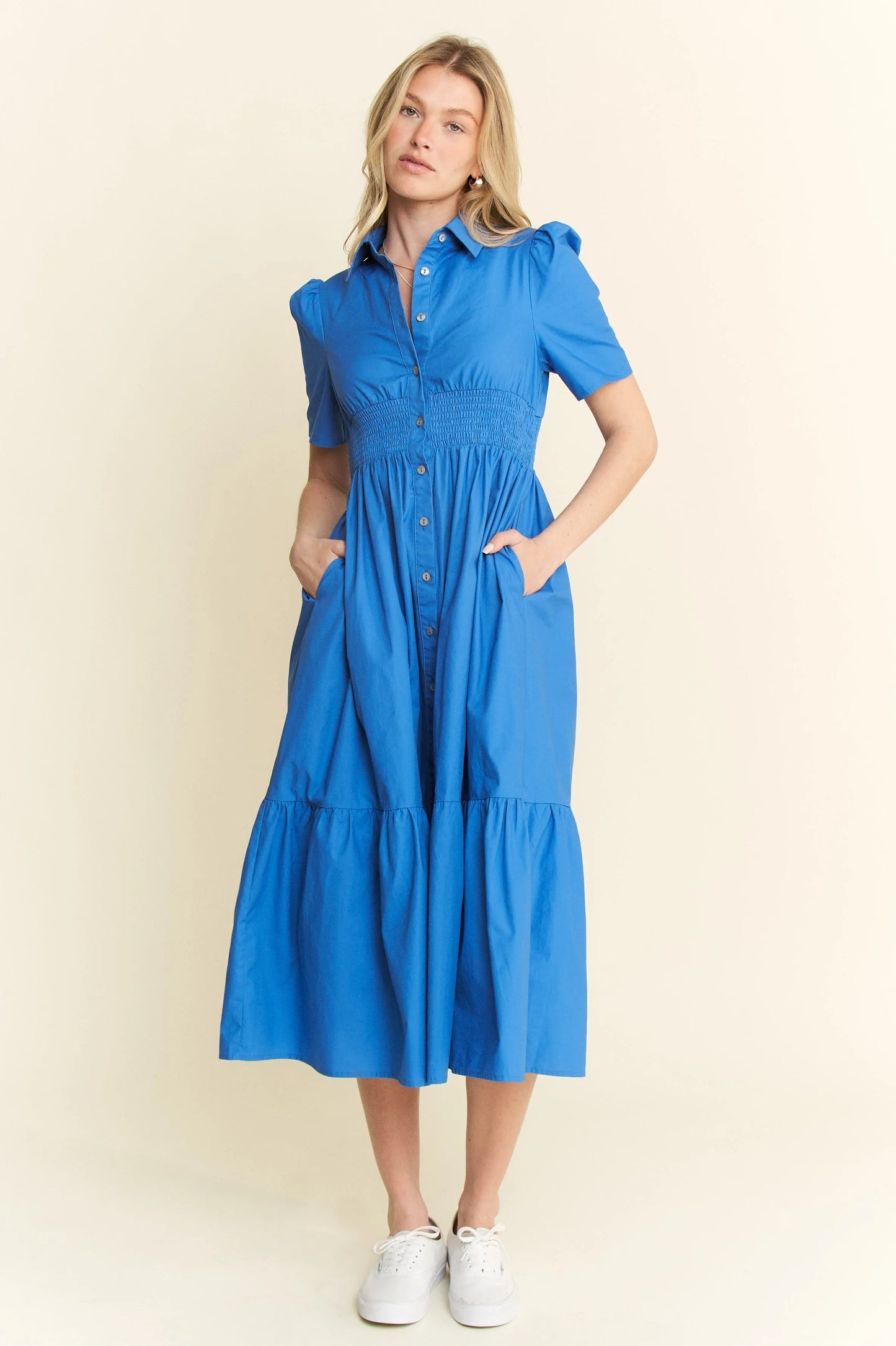 Jade By Jane - Cobalt Blue Smocked Waist Button Down Midi Dress