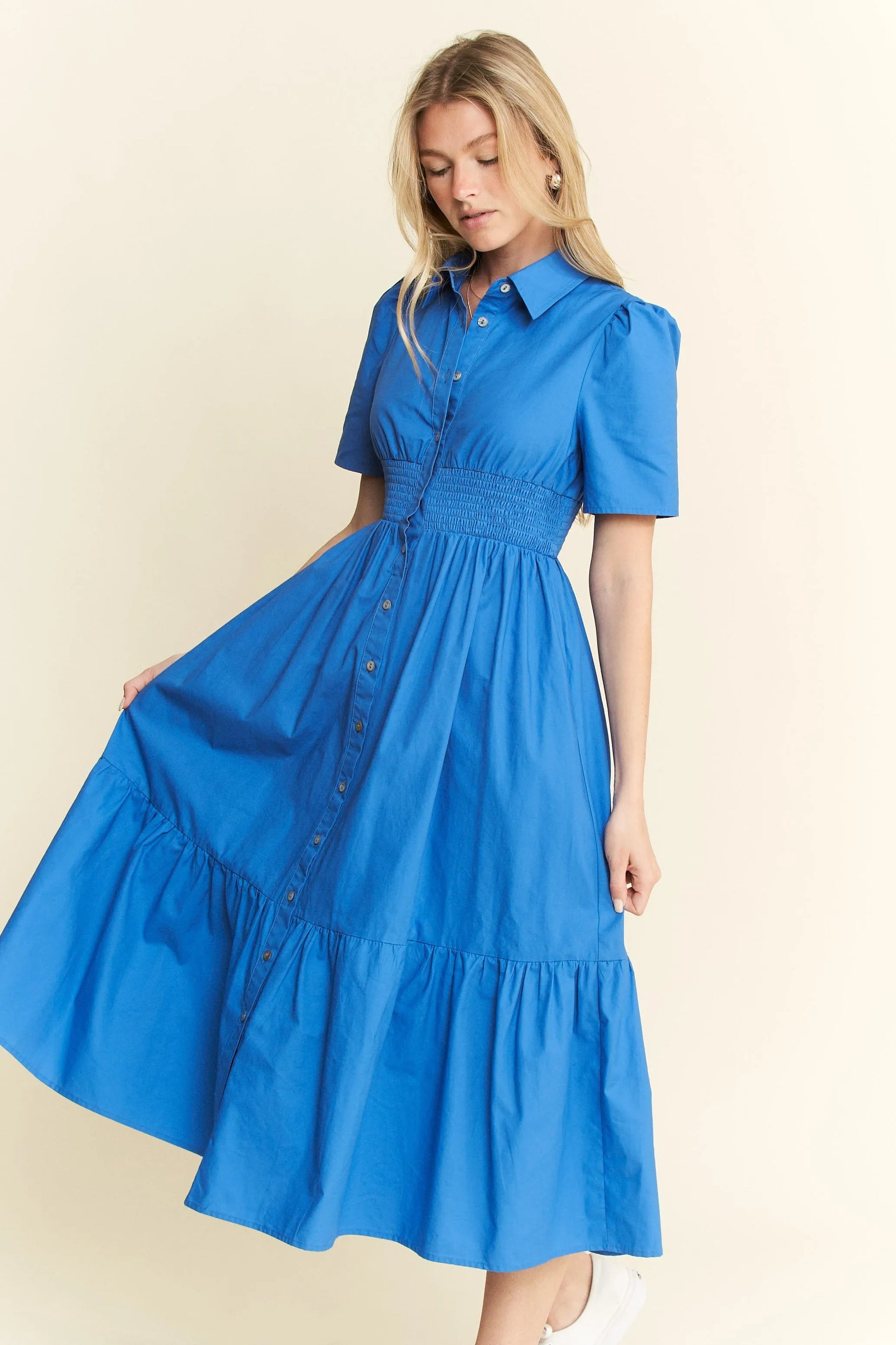 Jade By Jane - Cobalt Blue Smocked Waist Button Down Midi Dress