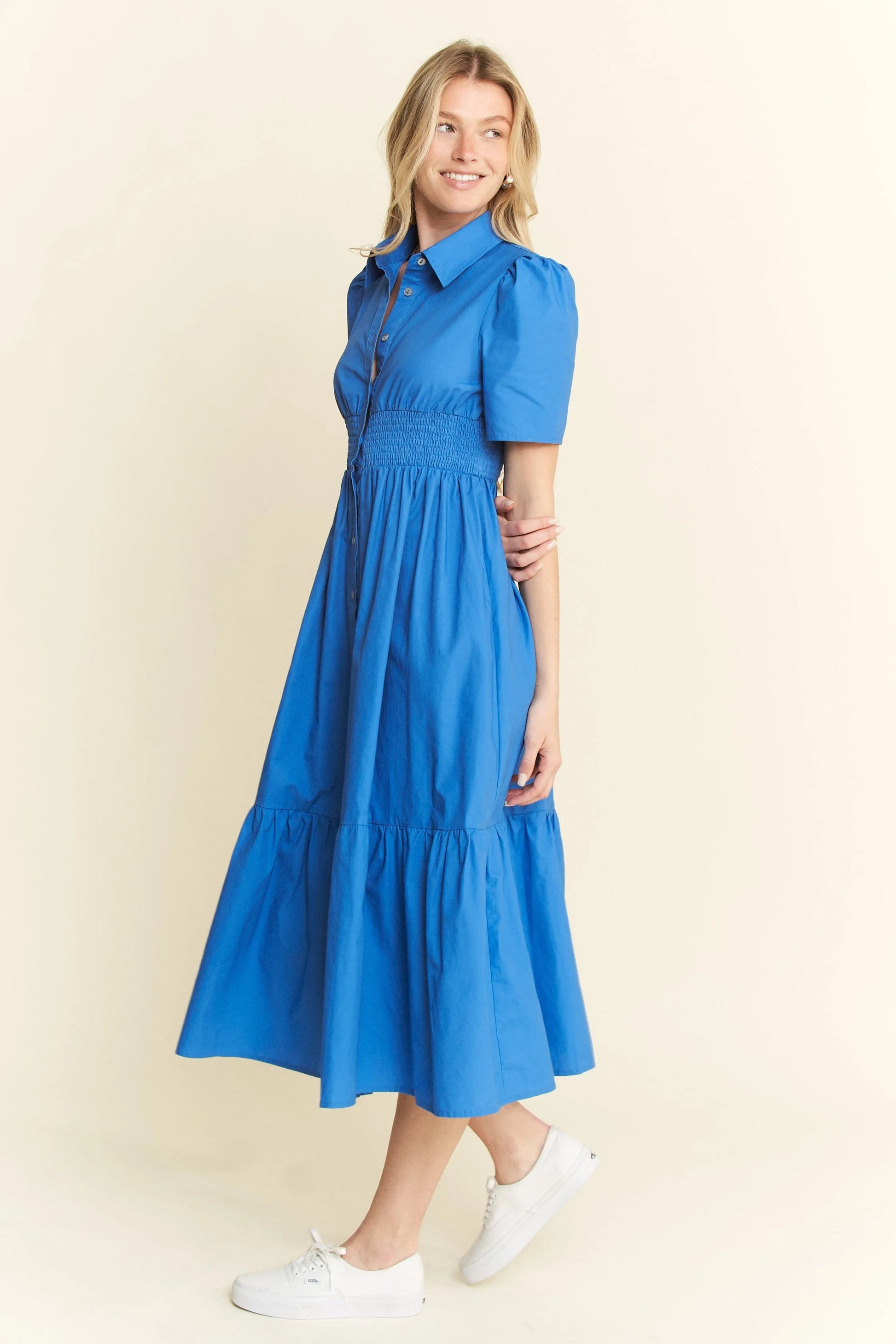 Jade By Jane - Cobalt Blue Smocked Waist Button Down Midi Dress