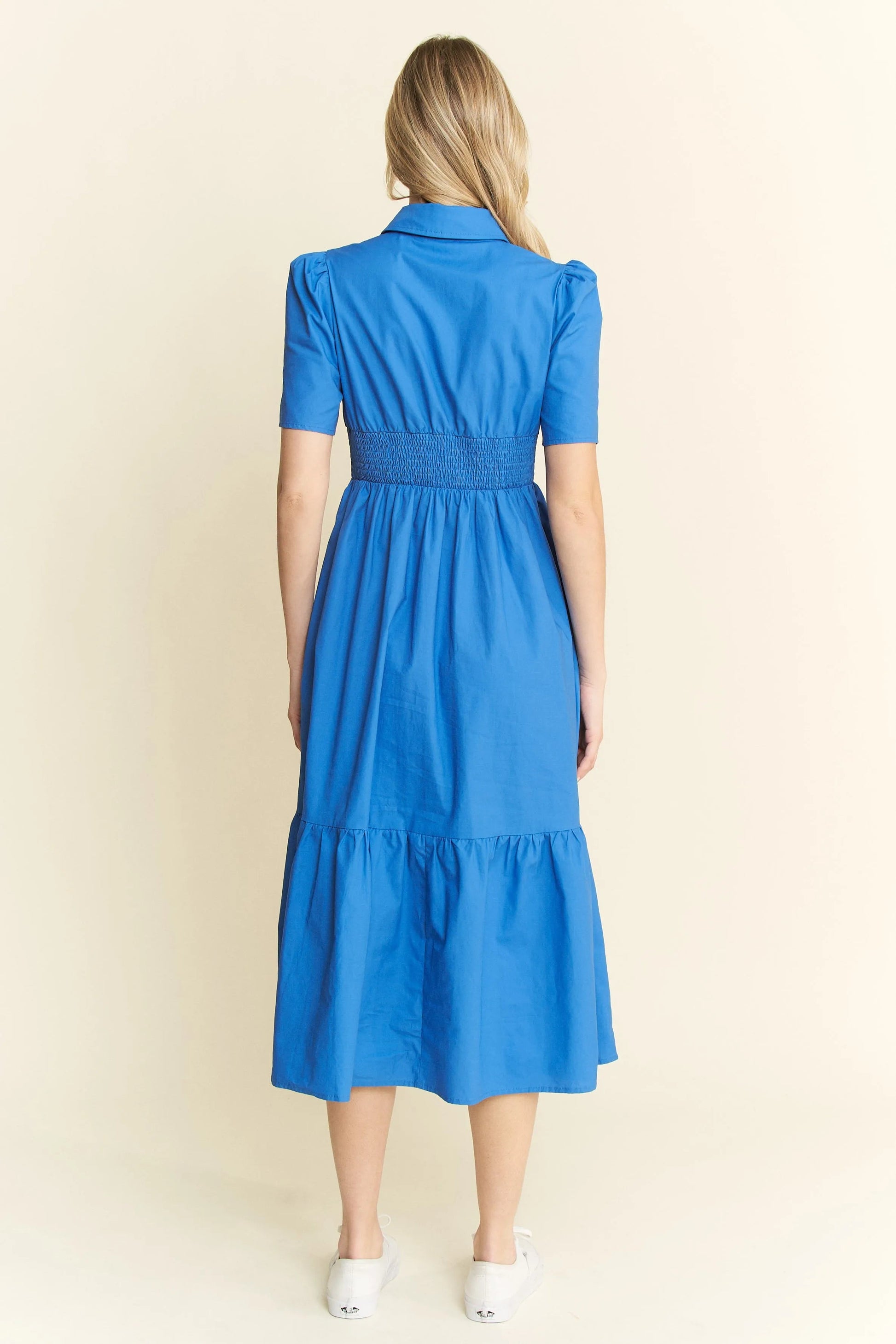 Jade By Jane - Cobalt Blue Smocked Waist Button Down Midi Dress