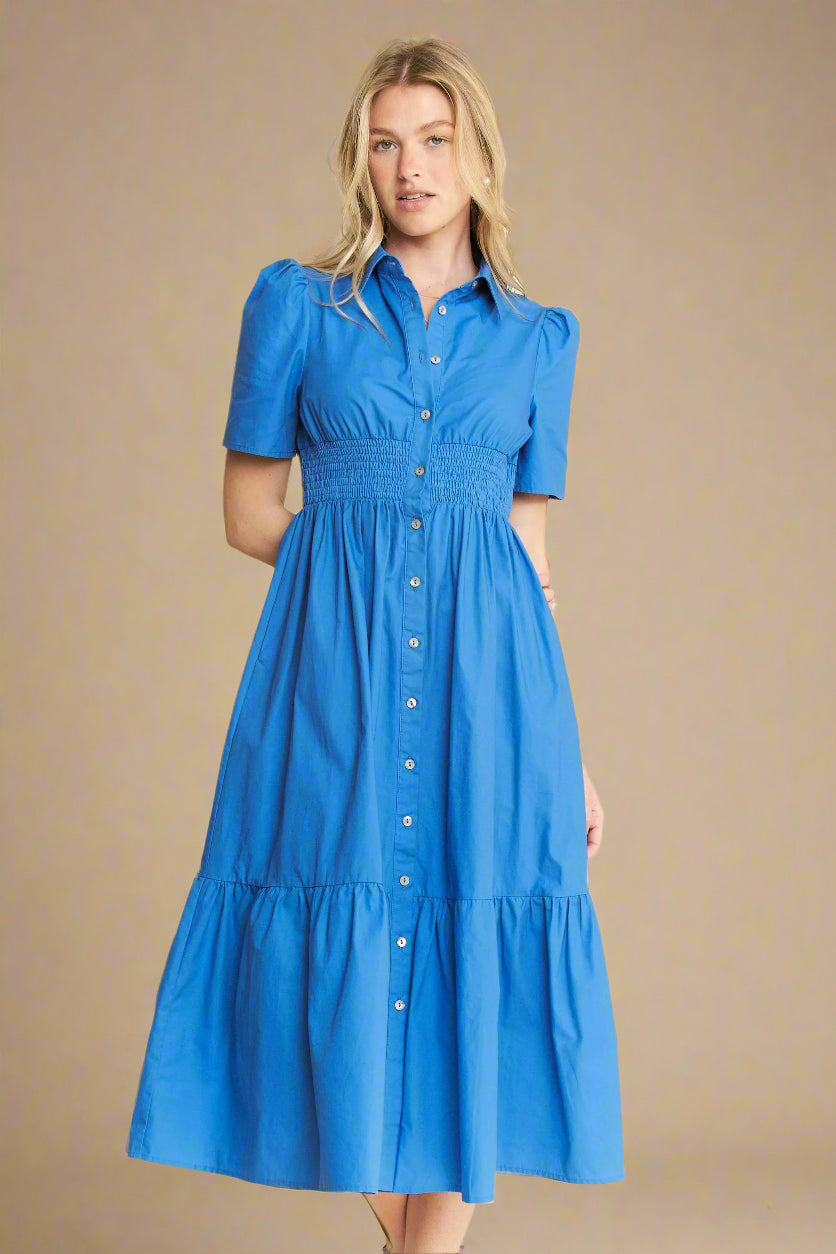 Jade By Jane - Cobalt Blue Smocked Waist Button Down Midi Dress