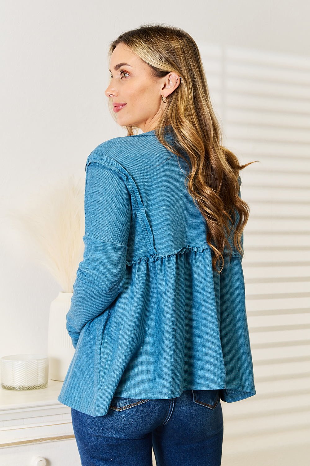 Jade By Jane - Frill Trim Babydoll Blouse in Sky Blue