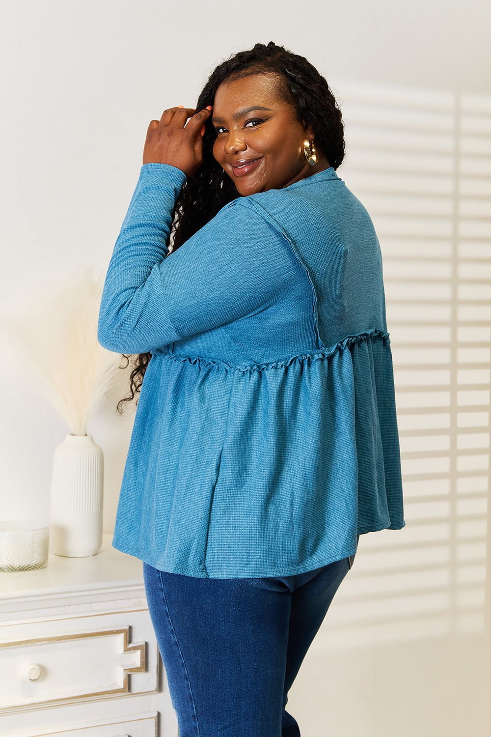 Jade By Jane - Frill Trim Babydoll Blouse in Sky Blue