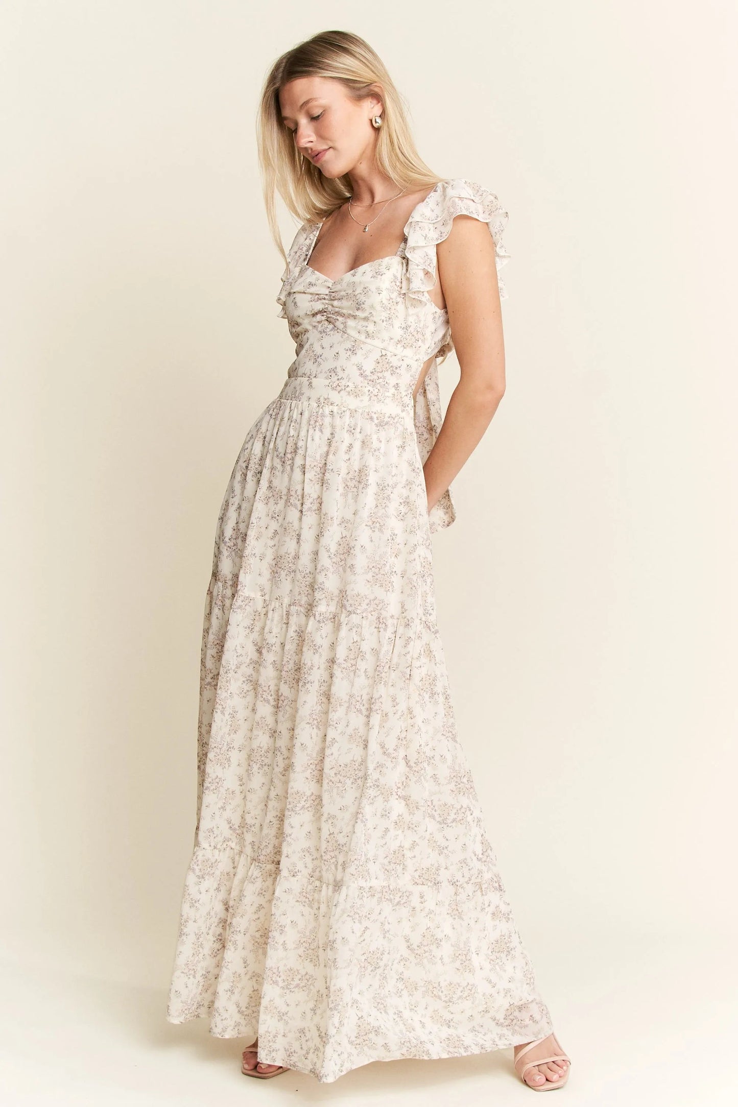 Jade By Jane - Ivory Floral Ruffle Strap Maxi Dress
