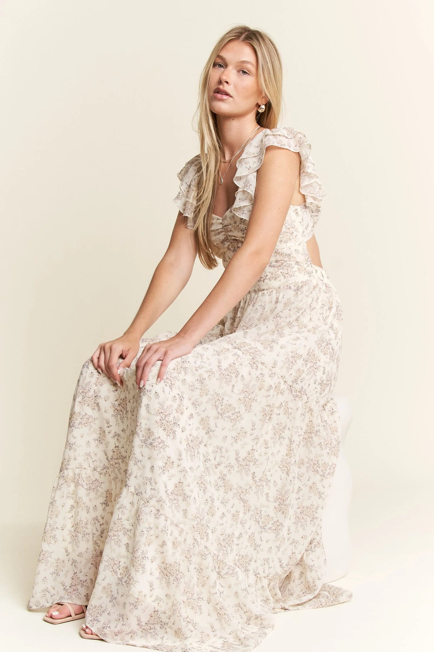 Jade By Jane - Ivory Floral Ruffle Strap Maxi Dress