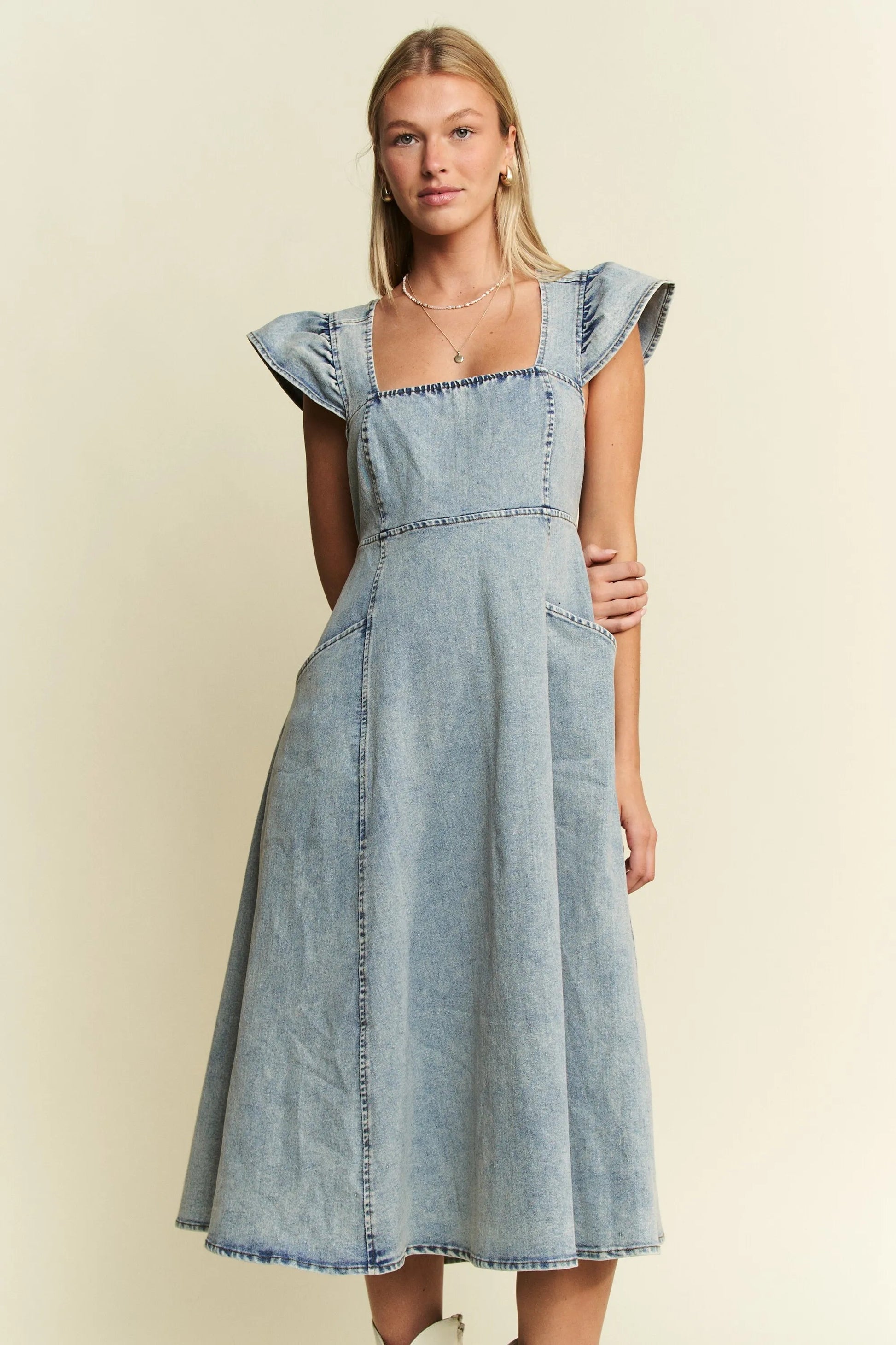 Jade By Jane - Light Wash Denim Square Neck Midi Dress with Pockets