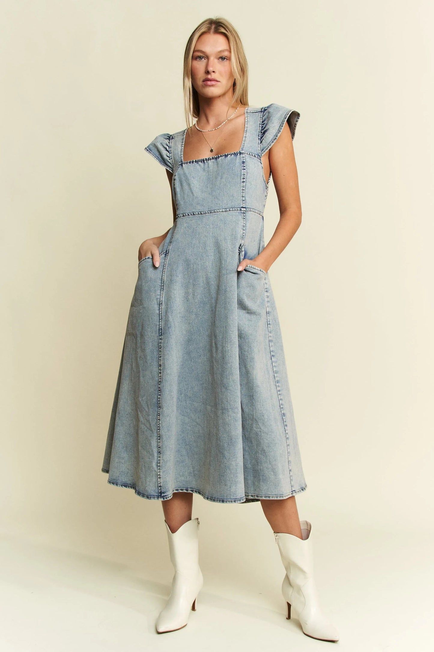 Jade By Jane - Light Wash Denim Square Neck Midi Dress with Pockets
