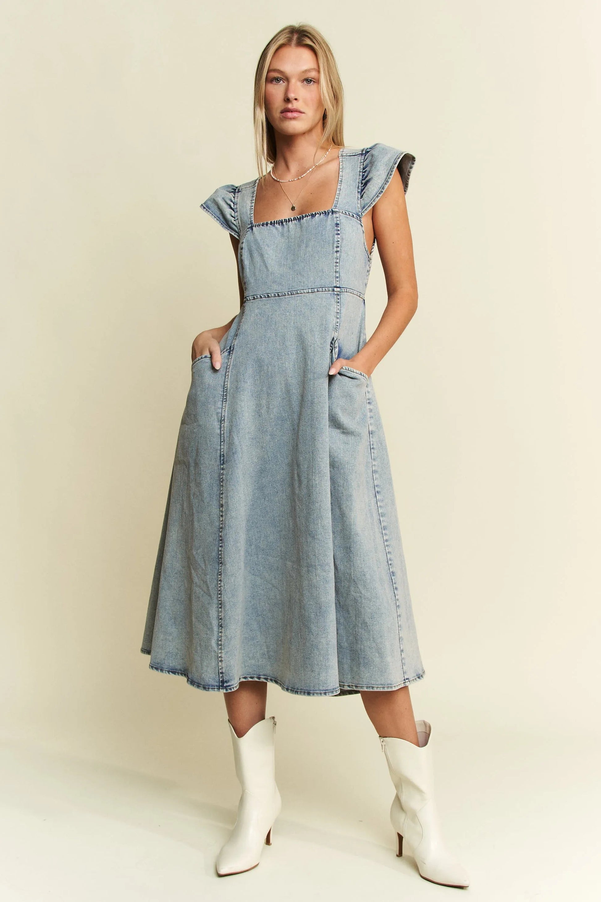 Jade By Jane - Light Wash Denim Square Neck Midi Dress with Pockets