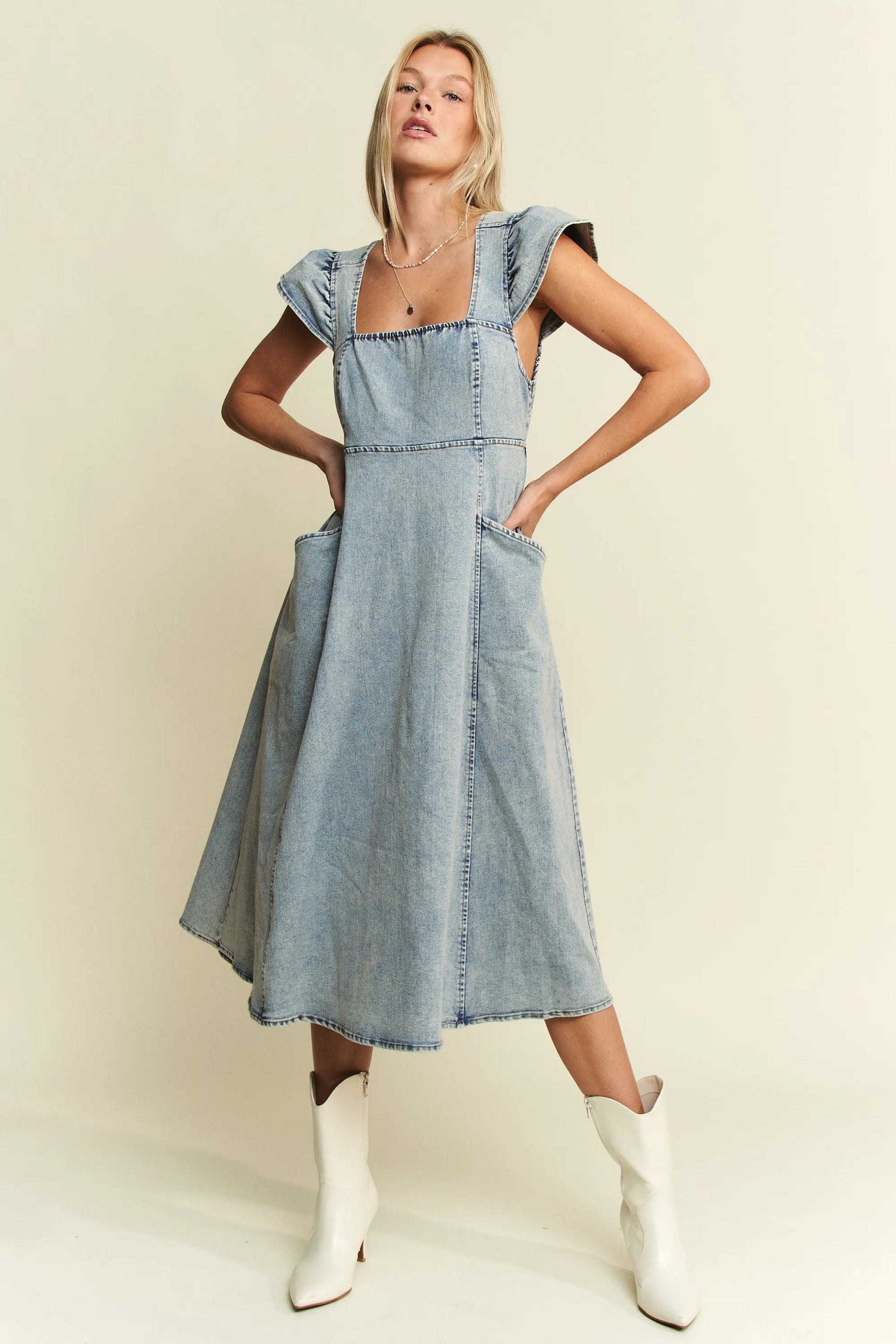 Jade By Jane - Light Wash Denim Square Neck Midi Dress with Pockets