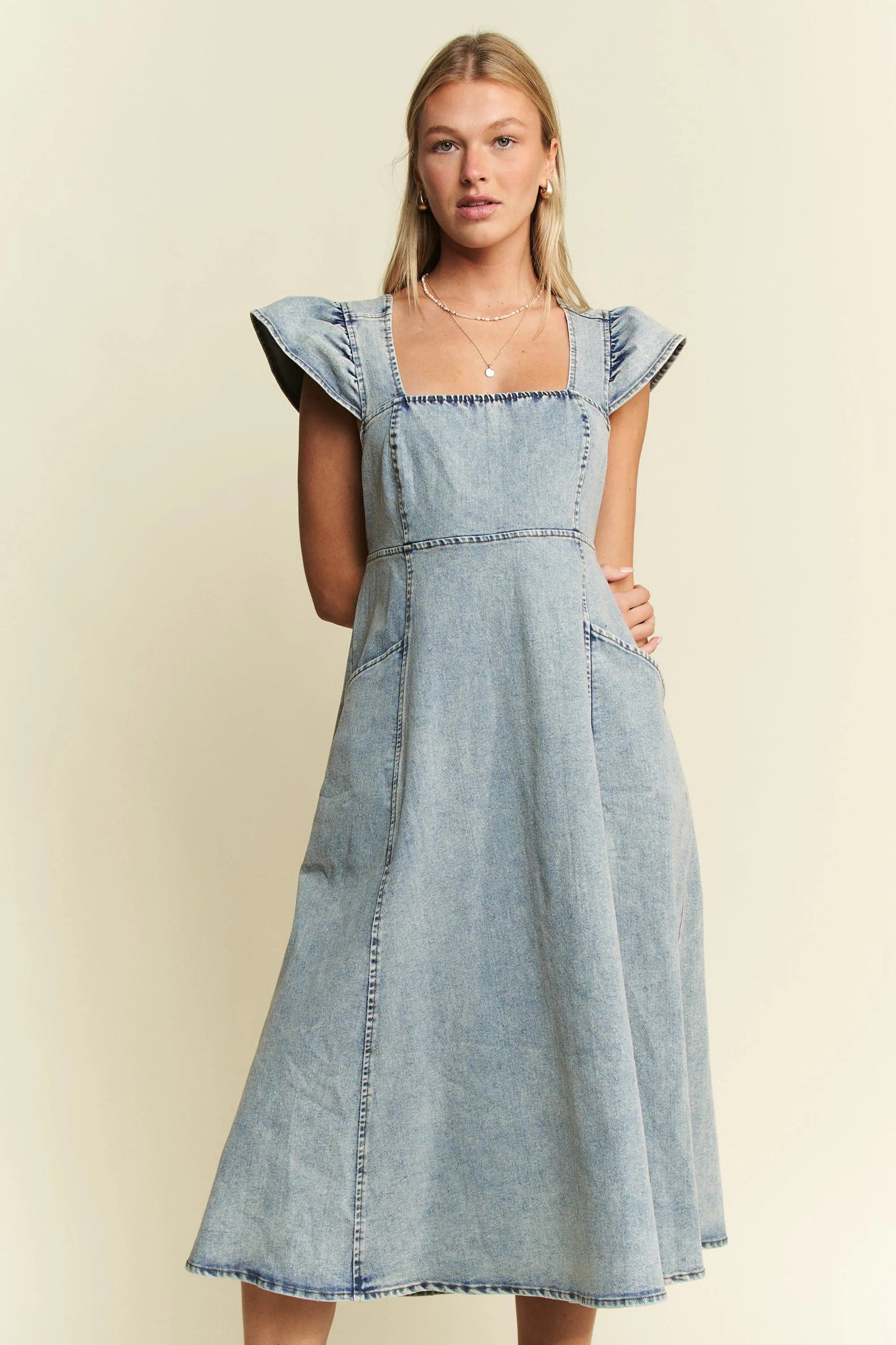 Jade By Jane - Light Wash Denim Square Neck Midi Dress with Pockets