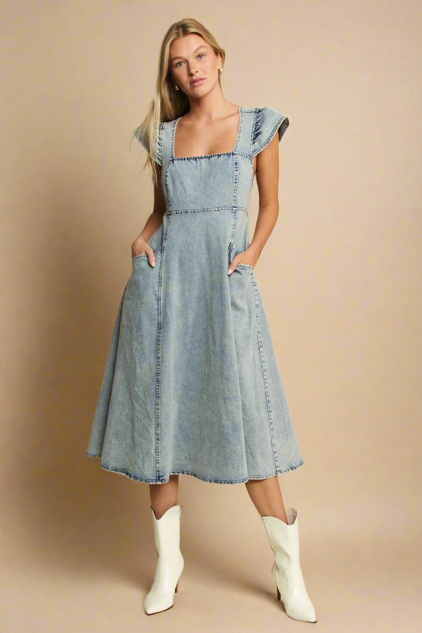 Jade By Jane - Light Wash Denim Square Neck Midi Dress with Pockets