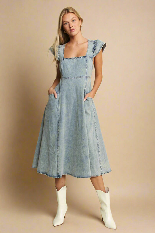 Jade By Jane - Light Wash Denim Square Neck Midi Dress with Pockets