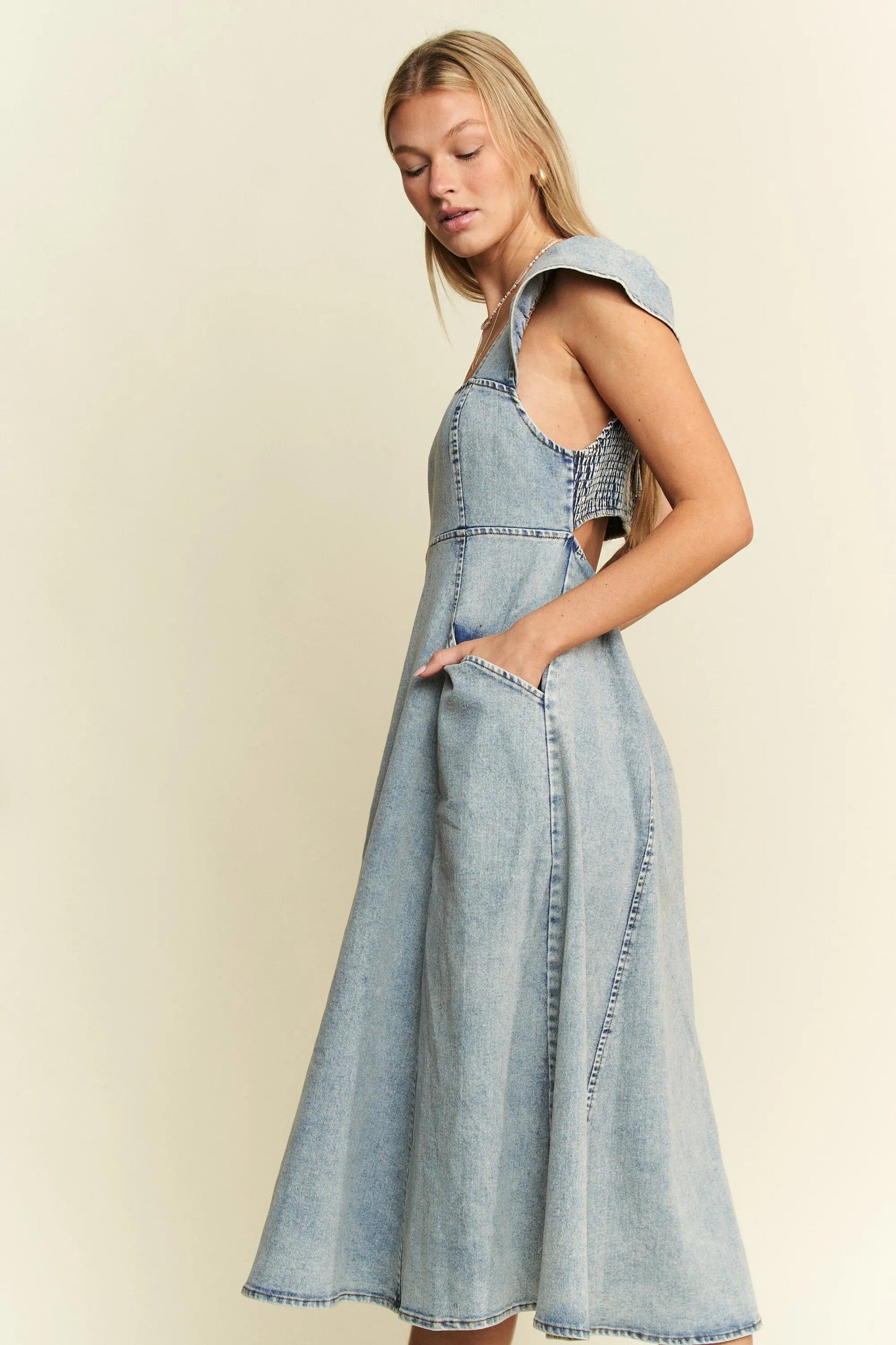 Jade By Jane - Light Wash Denim Square Neck Midi Dress with Pockets