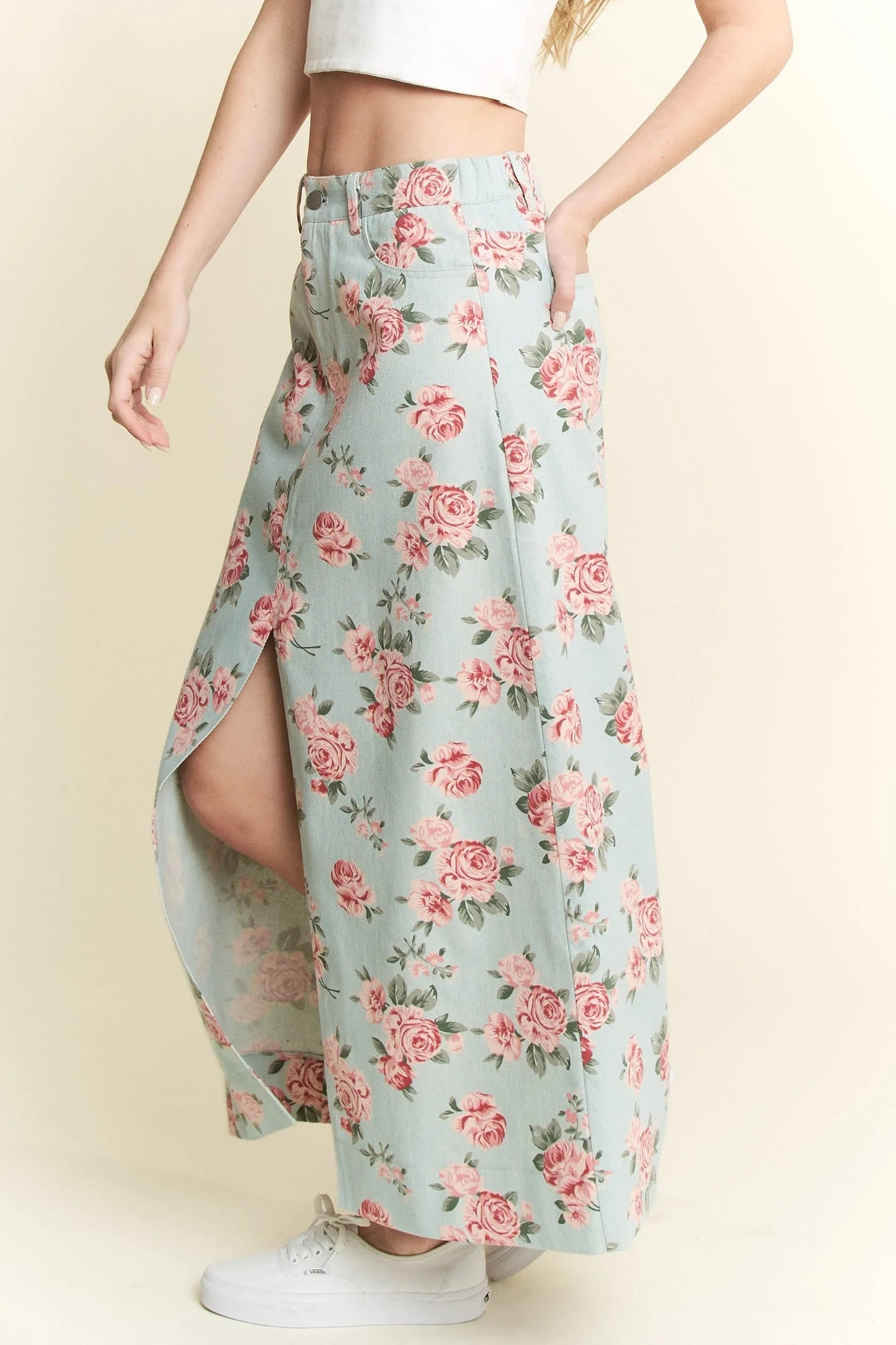 Jade By Jane - Mint Floral Print Denim Maxi Skirt with Front Slit