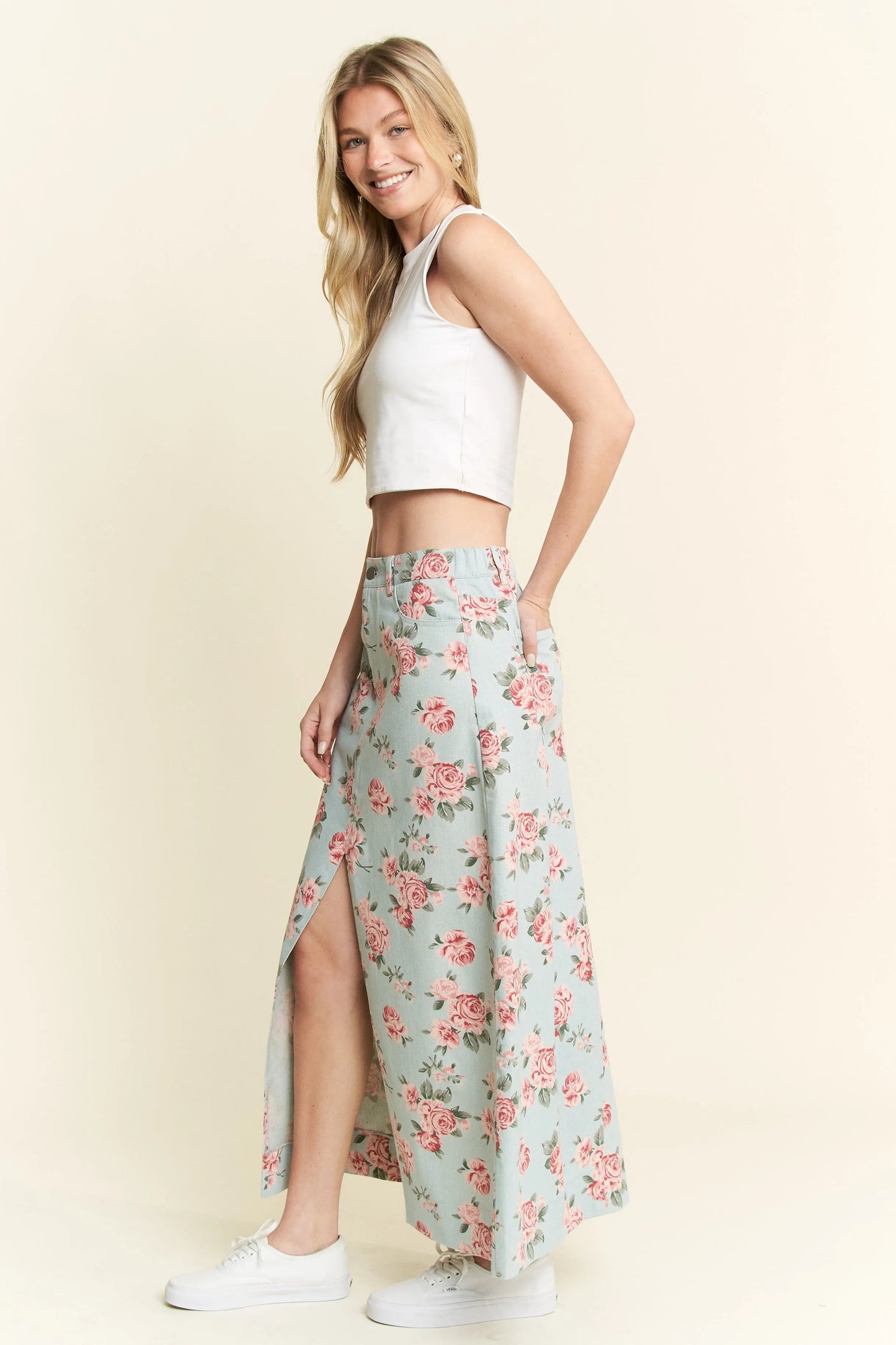 Jade By Jane - Mint Floral Print Denim Maxi Skirt with Front Slit
