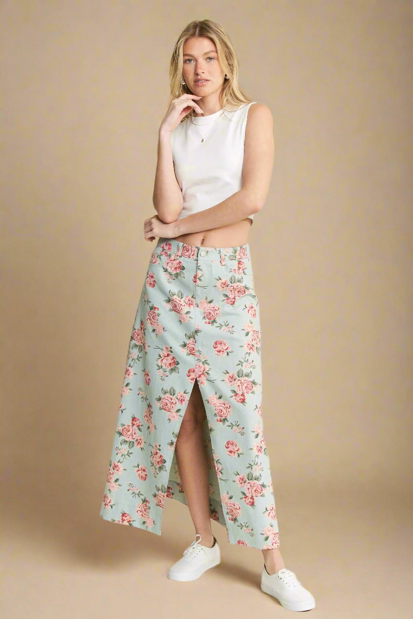 Jade By Jane - Mint Floral Print Denim Maxi Skirt with Front Slit