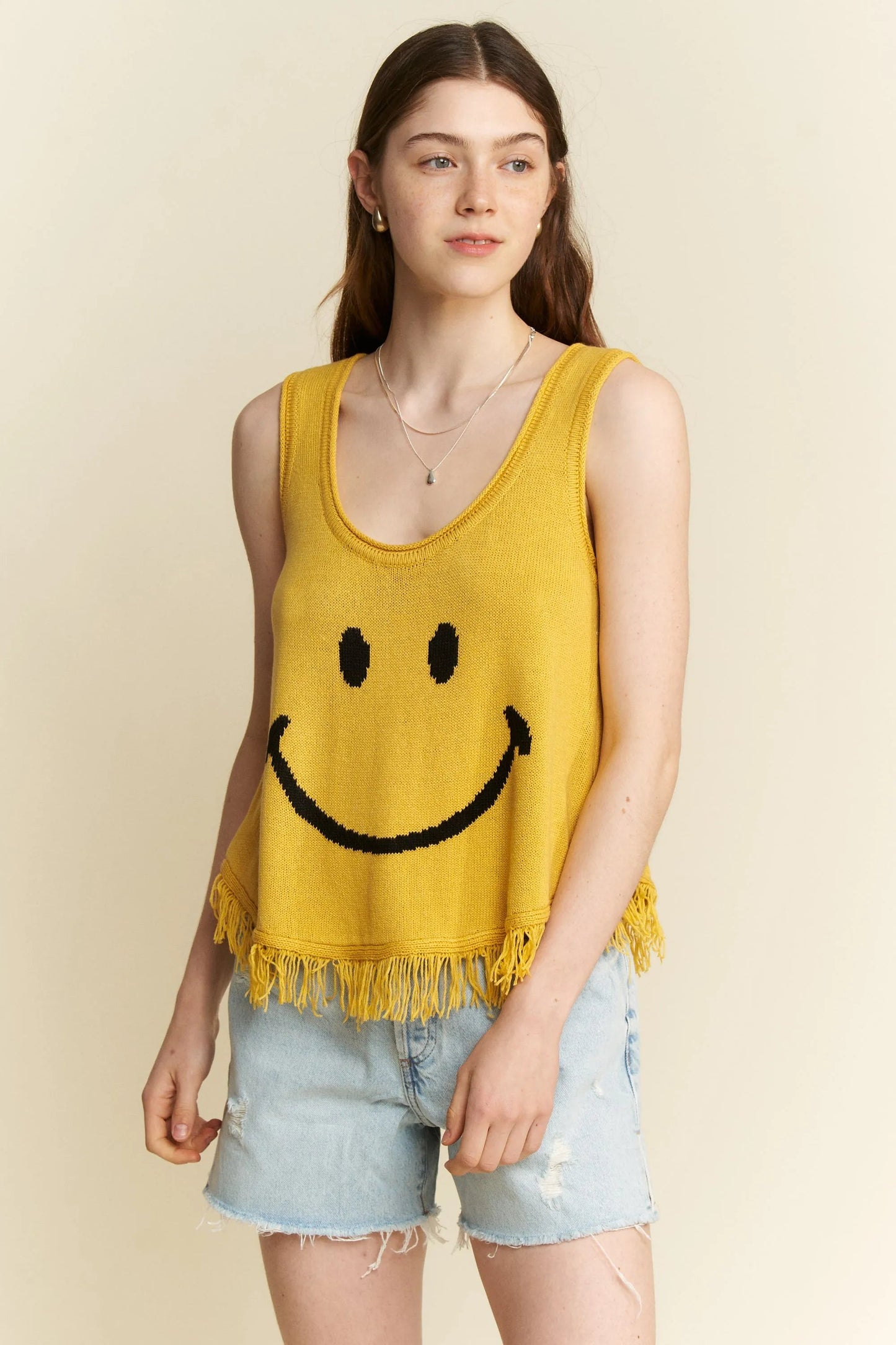 Jade By Jane - Mustard Smiley Face Knit Tank with Fringe Hem