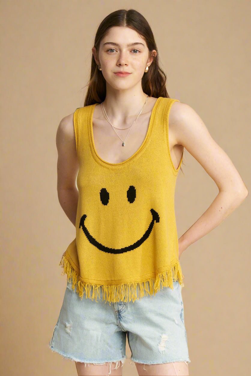 Jade By Jane - Mustard Smiley Face Knit Tank with Fringe Hem
