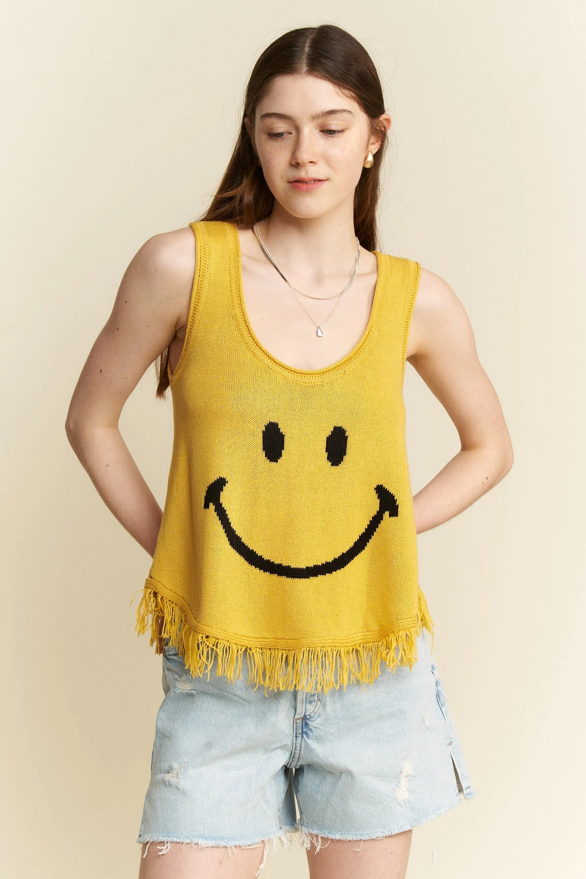 Jade By Jane - Mustard Smiley Face Knit Tank with Fringe Hem