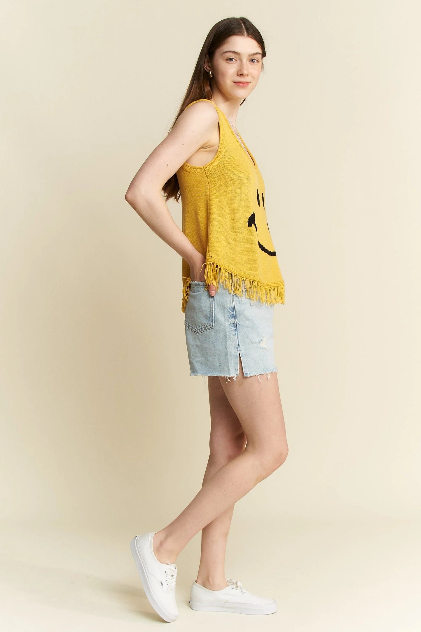 Jade By Jane - Mustard Smiley Face Knit Tank with Fringe Hem