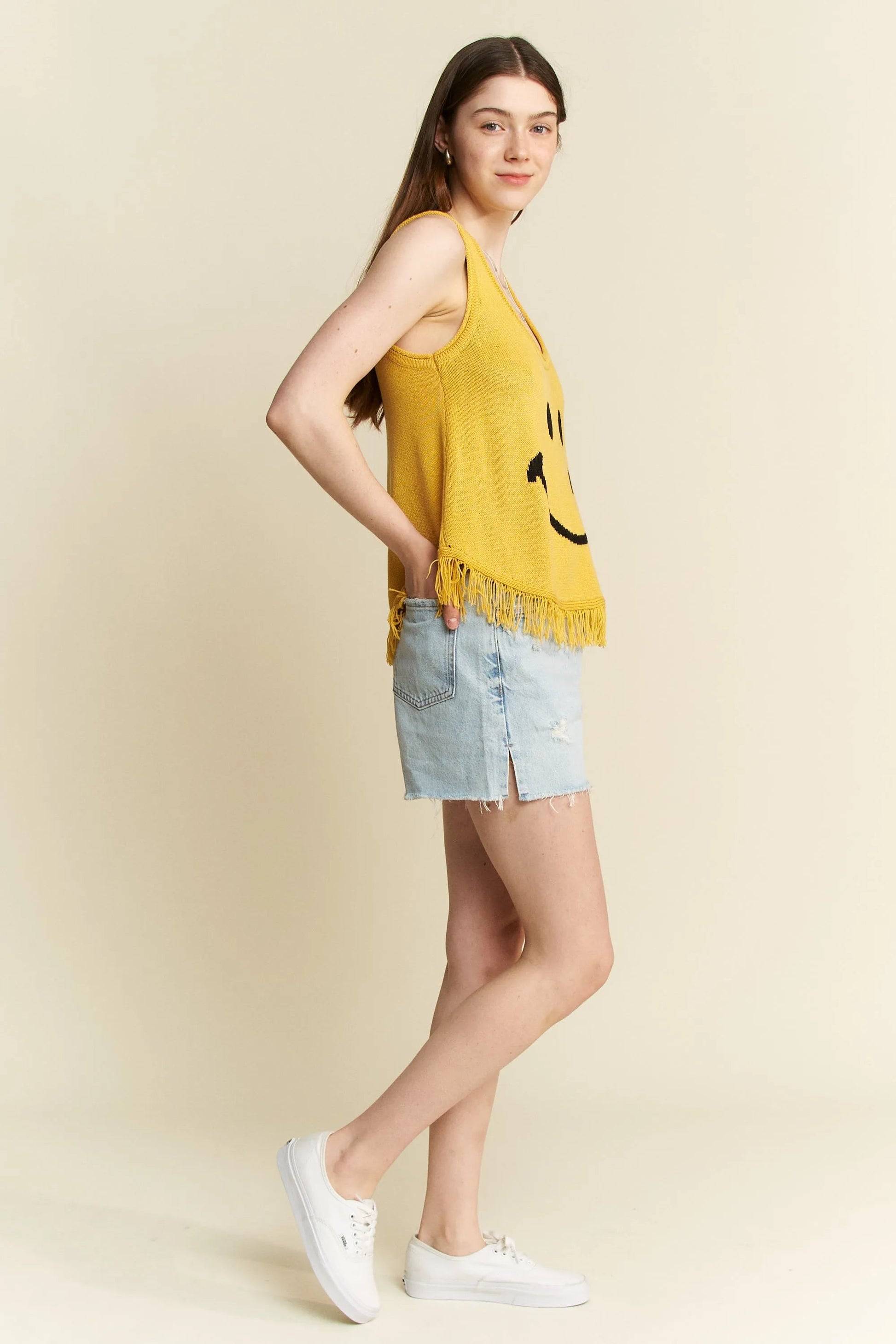 Jade By Jane - Mustard Smiley Face Knit Tank with Fringe Hem