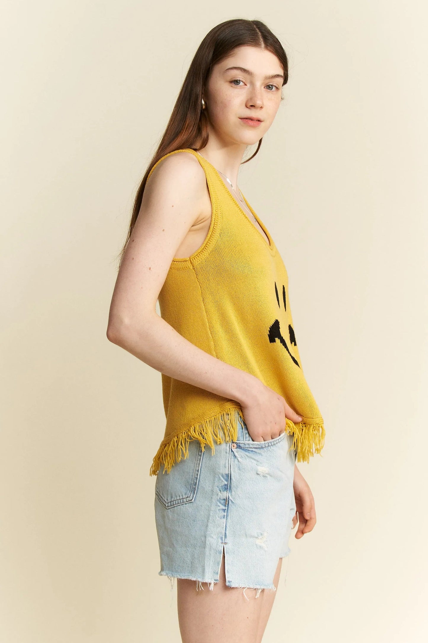 Jade By Jane - Mustard Smiley Face Knit Tank with Fringe Hem