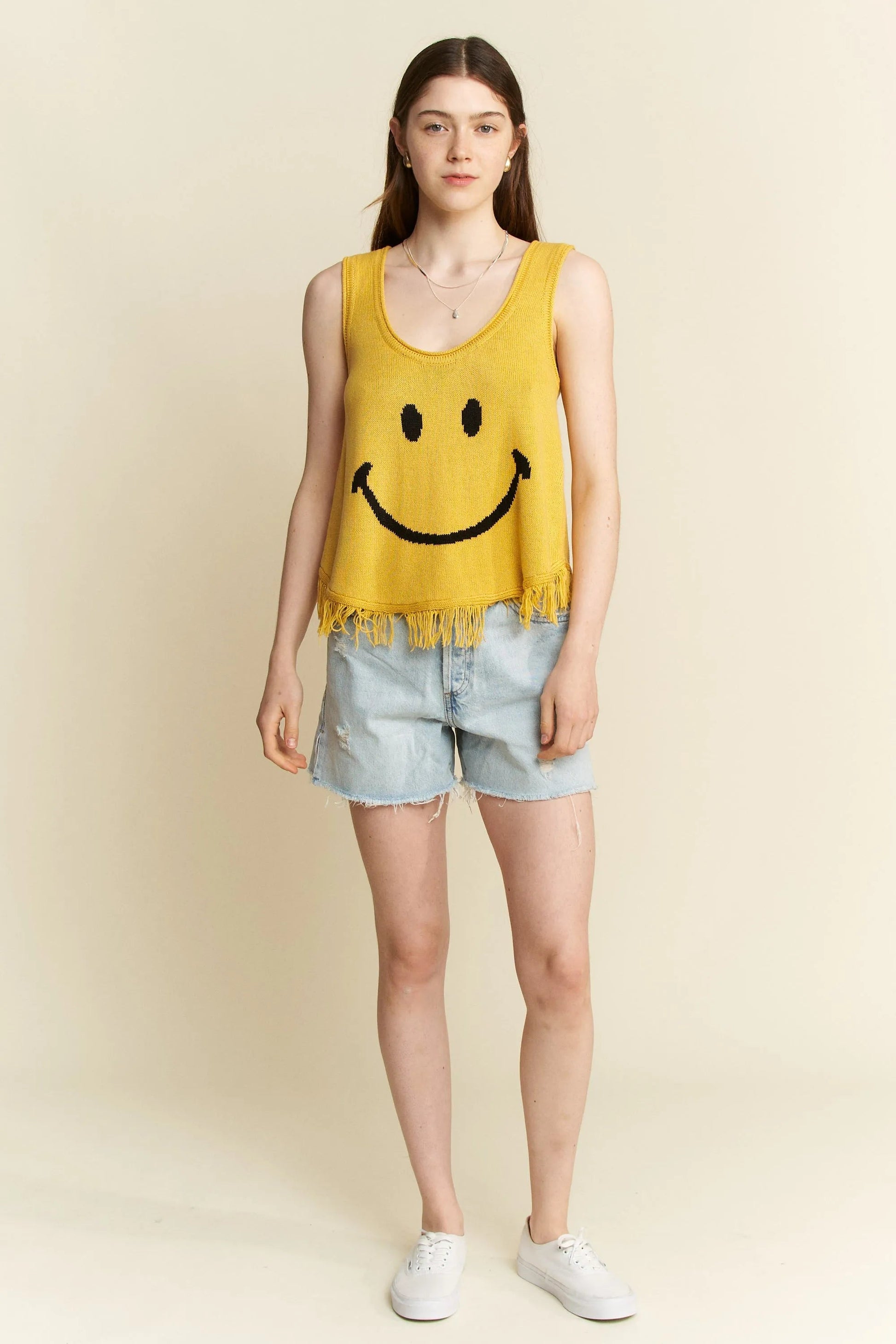 Jade By Jane - Mustard Smiley Face Knit Tank with Fringe Hem