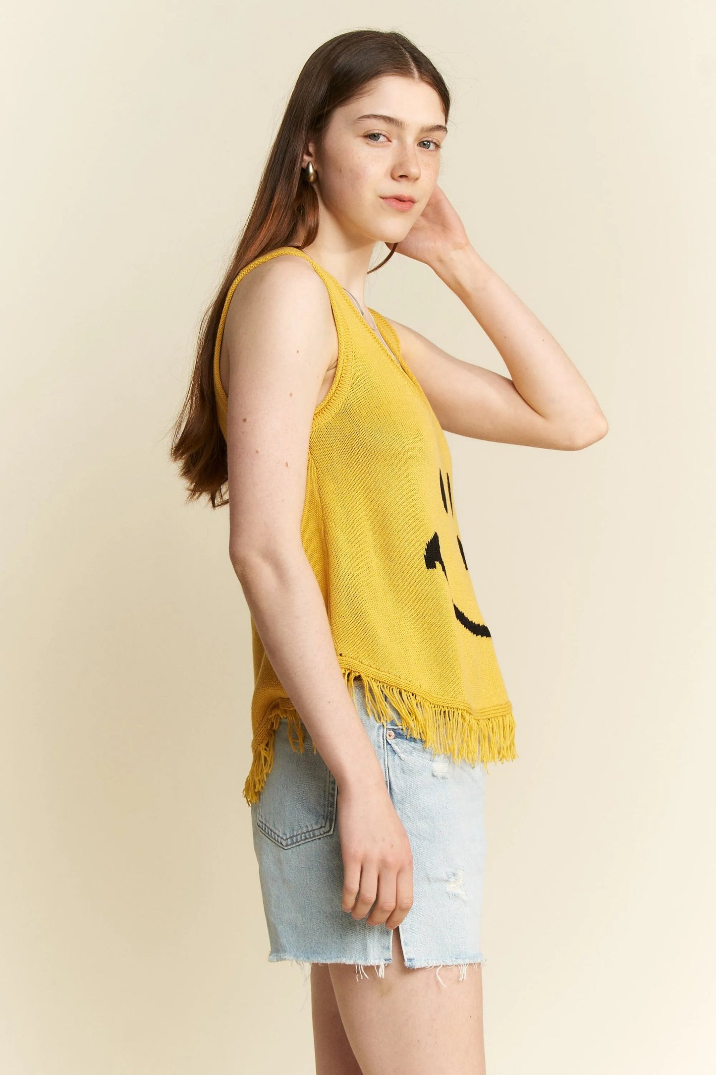 Jade By Jane - Mustard Smiley Face Knit Tank with Fringe Hem