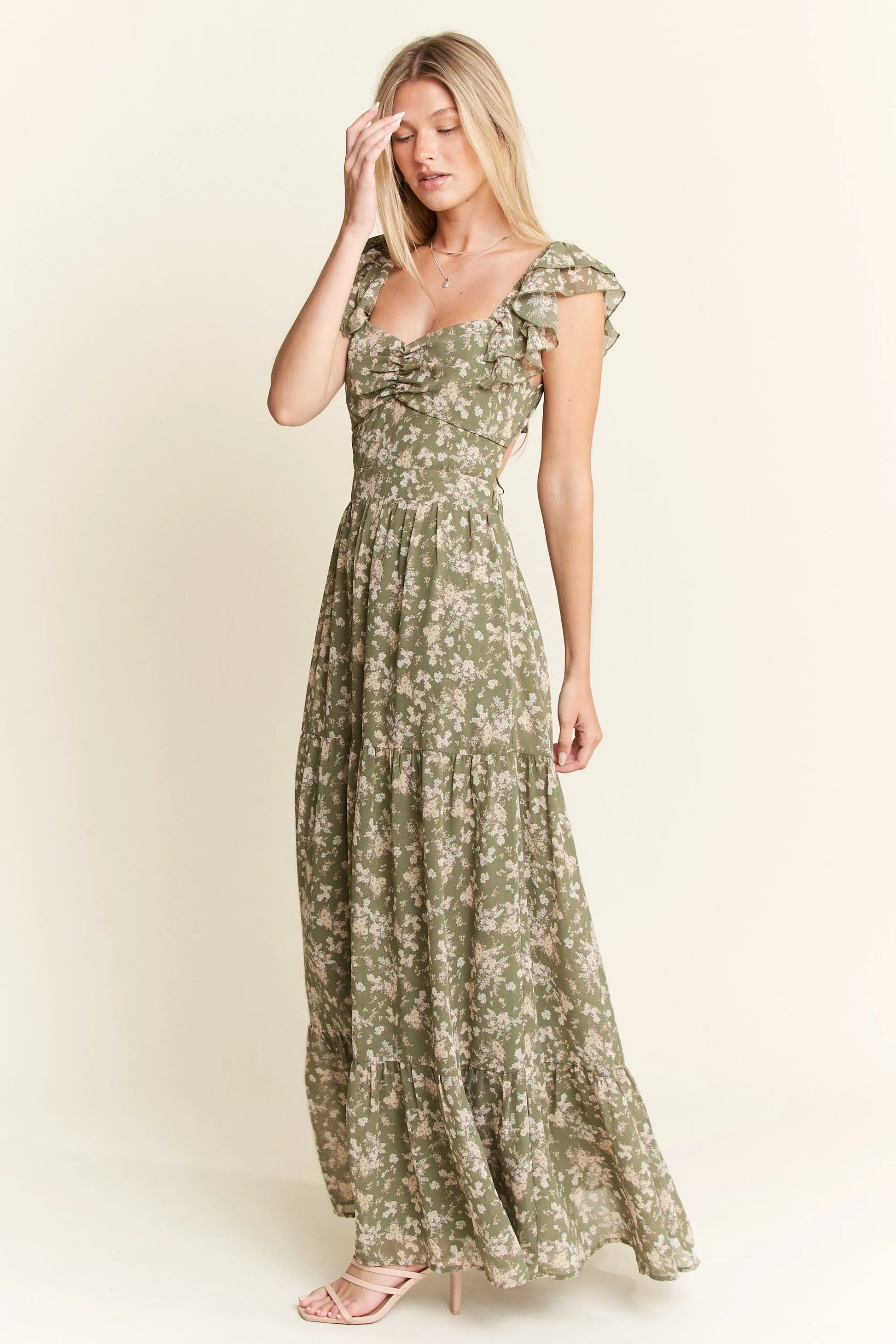 Jade By Jane - Olive Floral Ruffle Strap Maxi Dress
