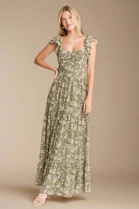 Jade By Jane - Olive Floral Ruffle Strap Maxi Dress