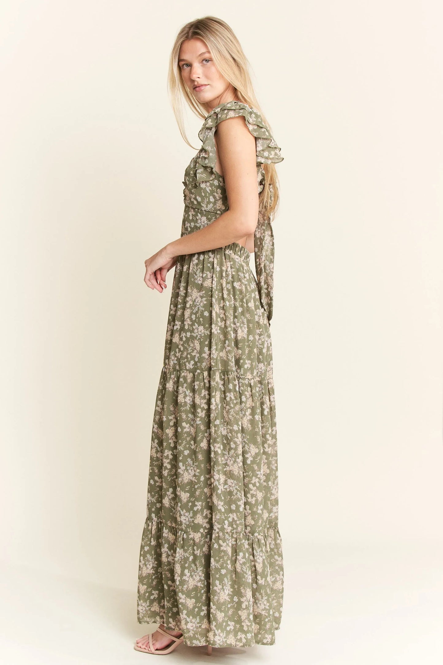 Jade By Jane - Olive Floral Ruffle Strap Maxi Dress