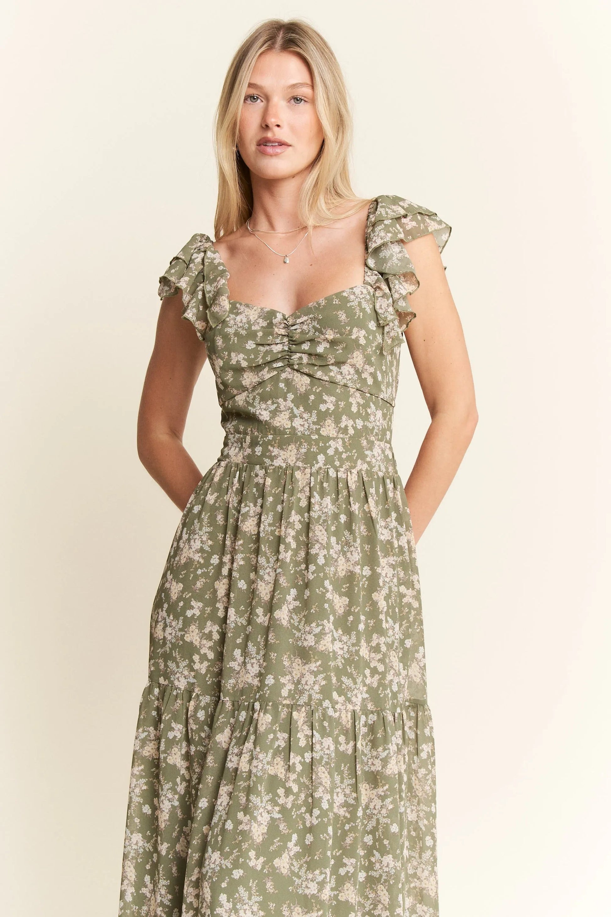 Jade By Jane - Olive Floral Ruffle Strap Maxi Dress