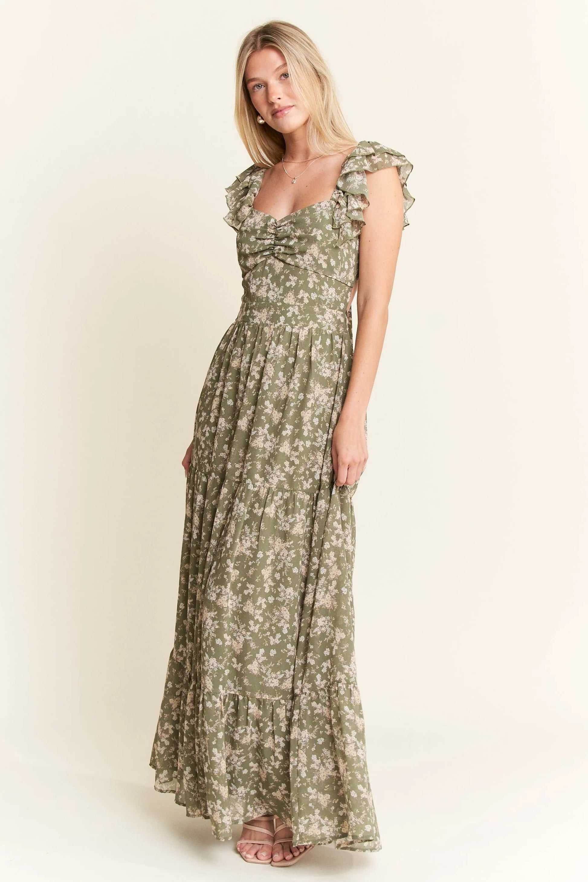 Jade By Jane - Olive Floral Ruffle Strap Maxi Dress