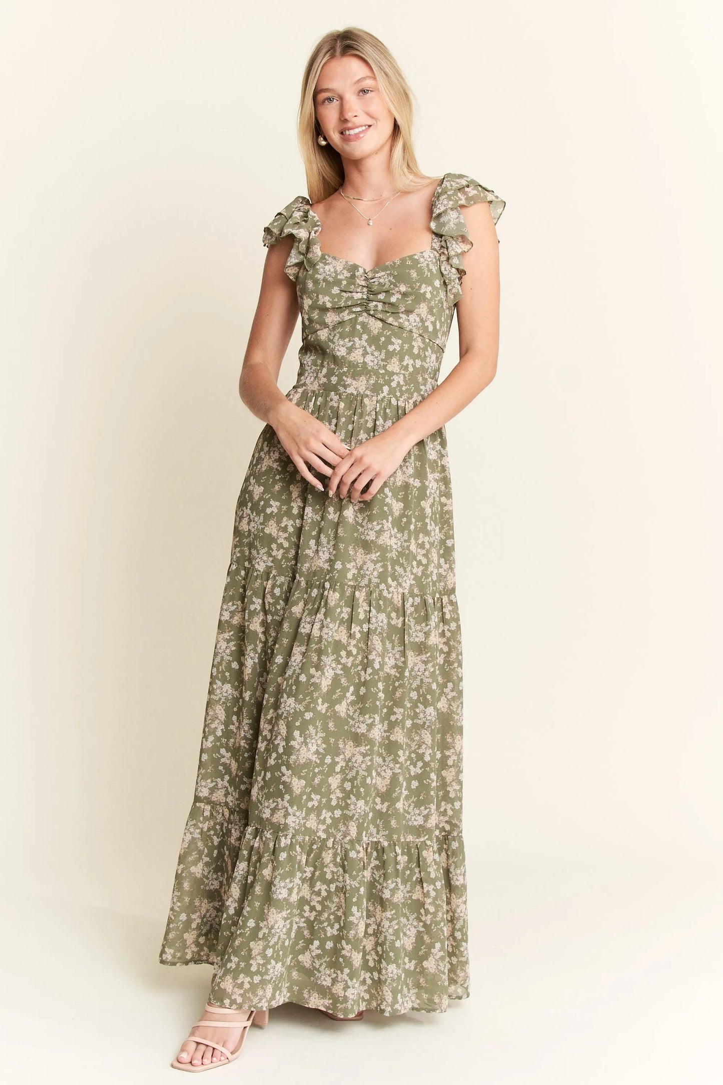 Jade By Jane - Olive Floral Ruffle Strap Maxi Dress